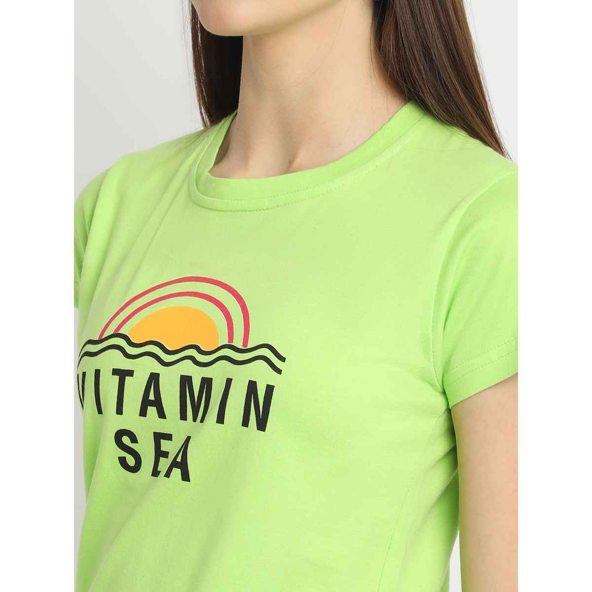 Fabflee Women Regular Cotton Printed Round Neck Tshirt | Green | FAB-WT-30 | S