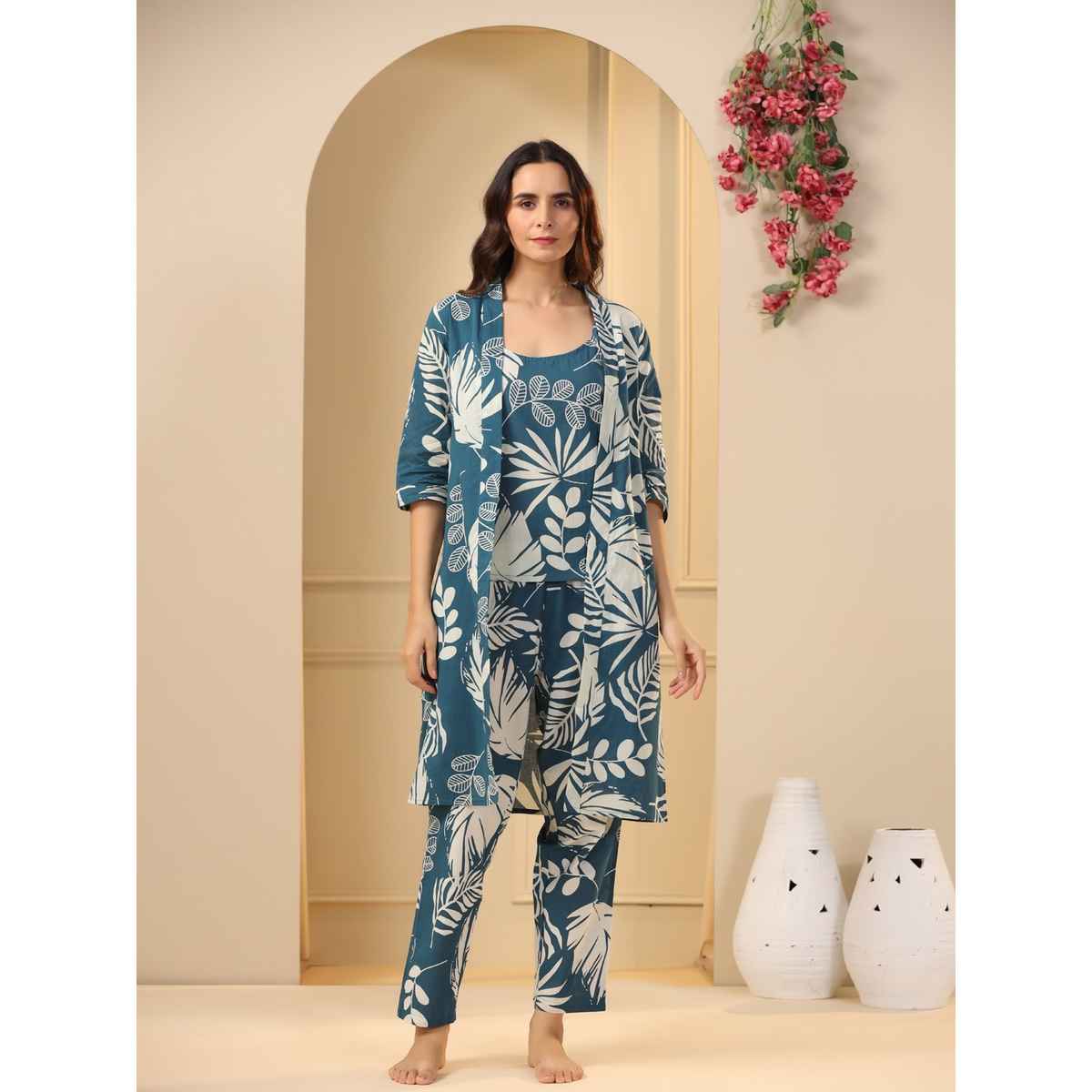 Sanskrutihomes Teal 3 Pieces Floral Printed Pure Cotton Night Suit | Teal - M