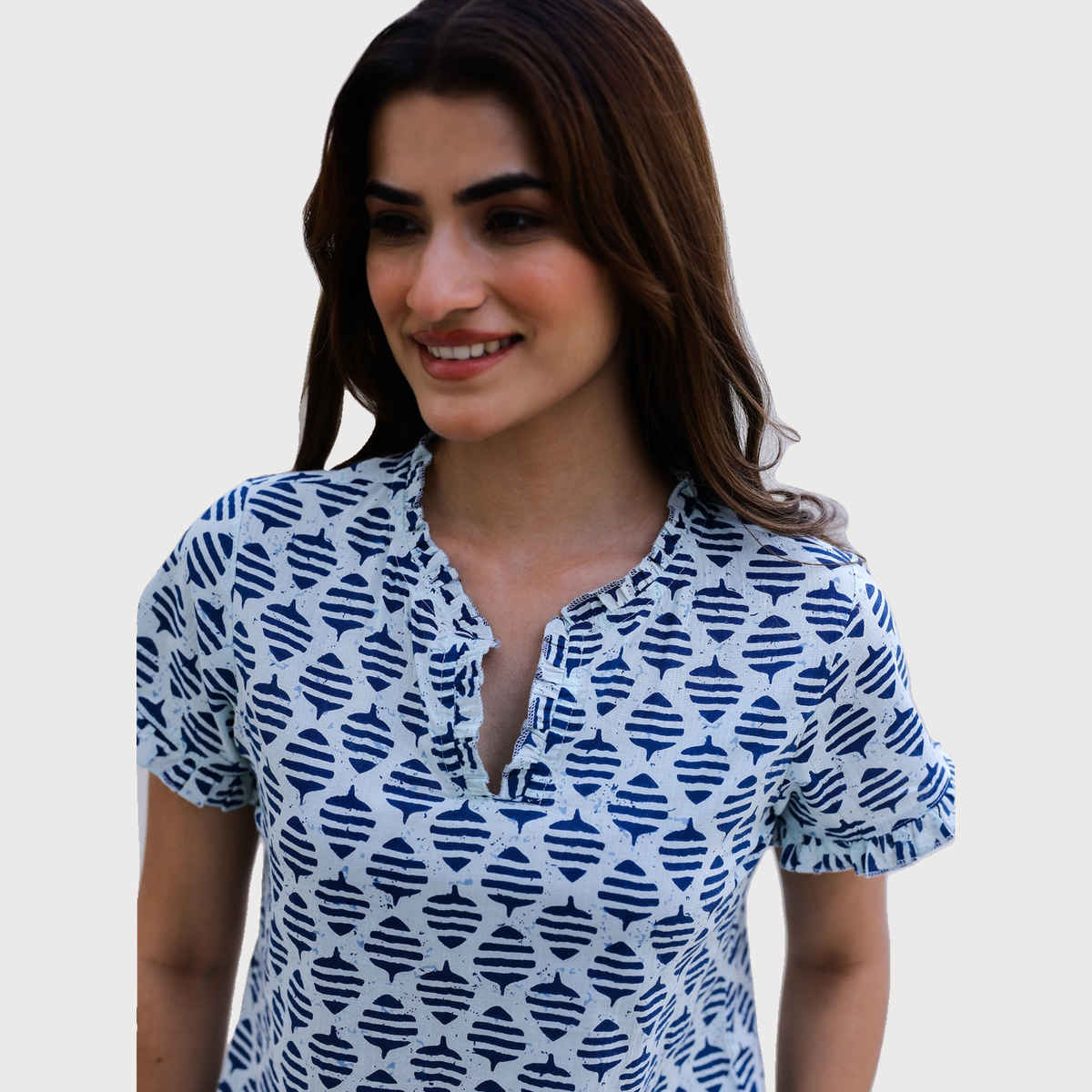 Sanskrutihomes Ethnic Motifs Printed Pure Cotton Night Suit | White - Blue | S