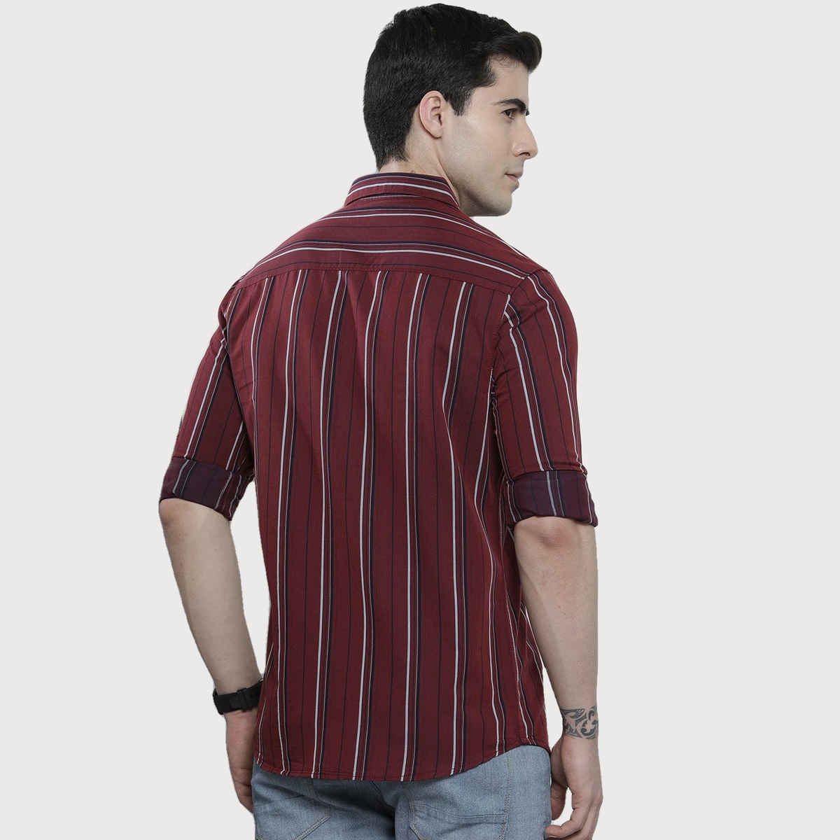 The Indian Garage Co Men's Regular Fit Striped Casual Shirt | Maroon - XL