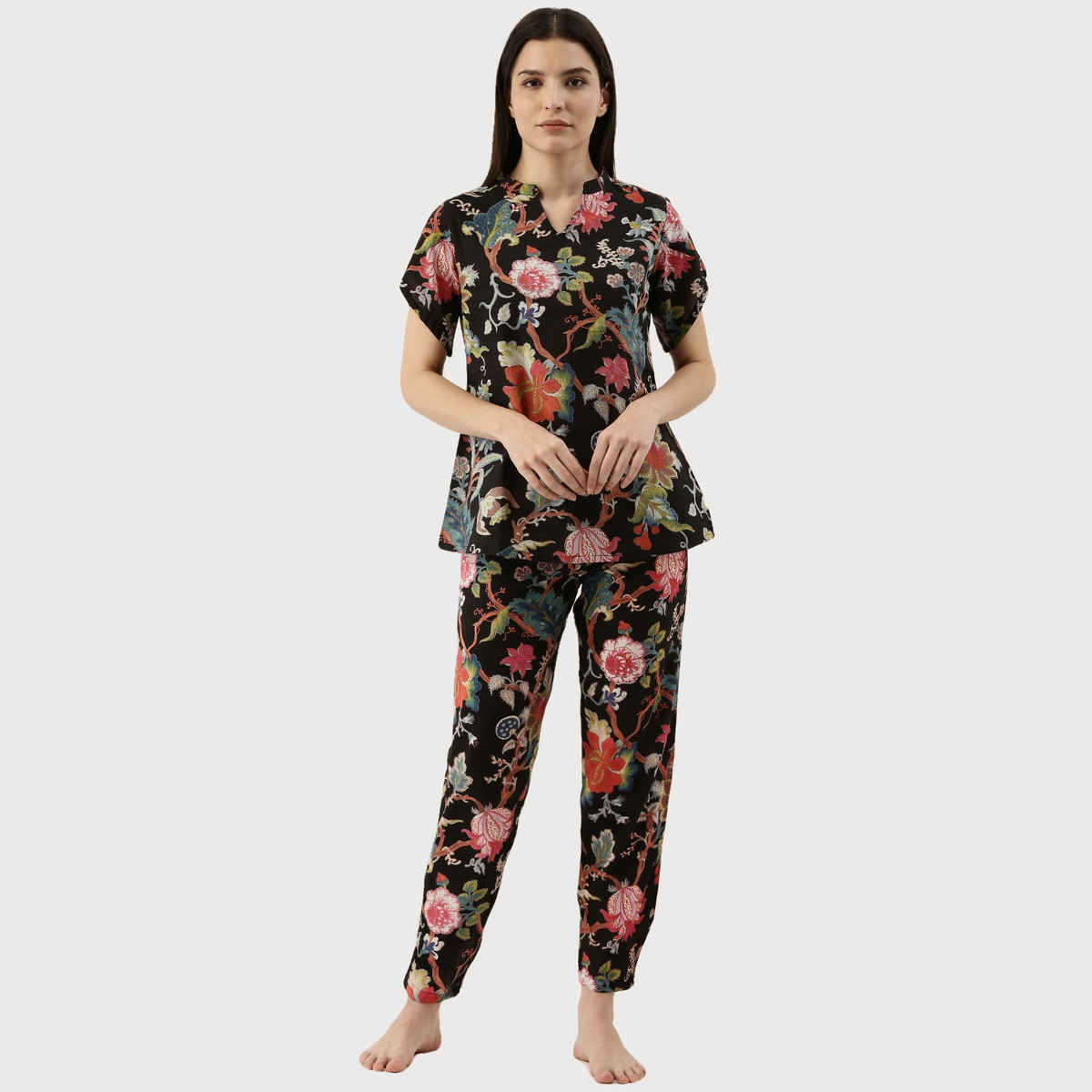 Sanskrutihomes Women Black And Pink Printed Night Suit - S