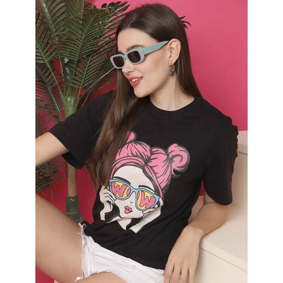 Fabflee Women Oversize Cotton Printed Round Neck Tshirt | Black | FAB-OS-523 | L