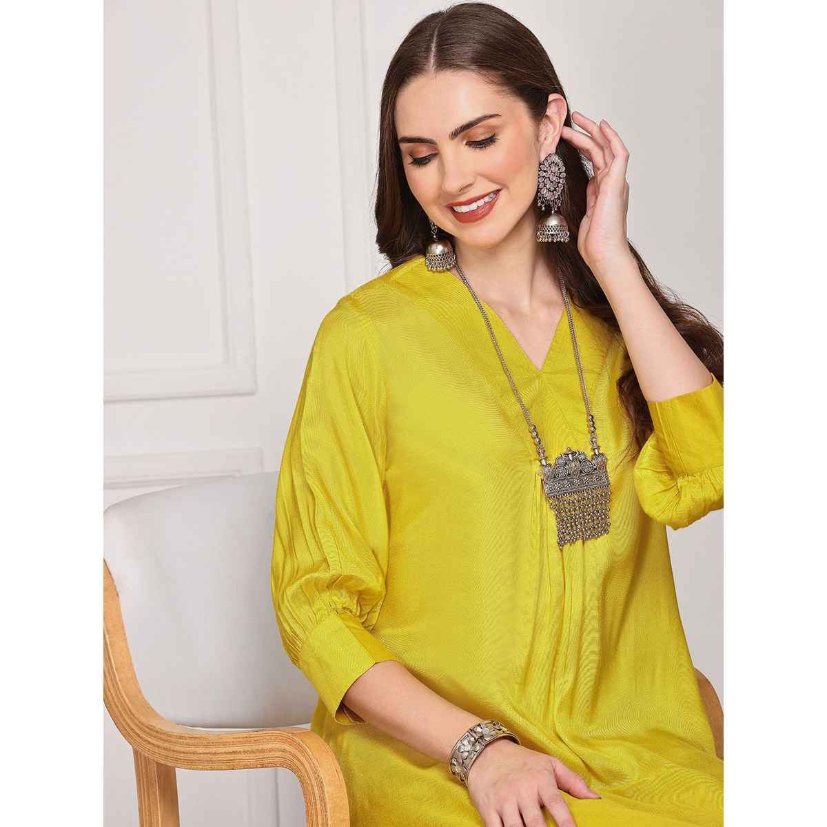 Ishin Women's Kurta Set Viscose Shantoon with Bottom | Yellow - M