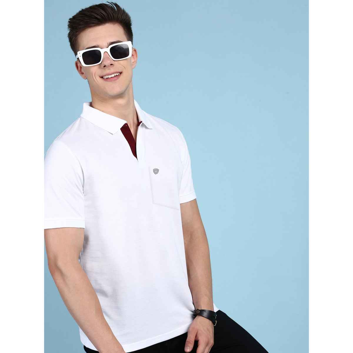 Lux Cozi Men's Solid Cotton Polo T-shirt with Pocket | White - L