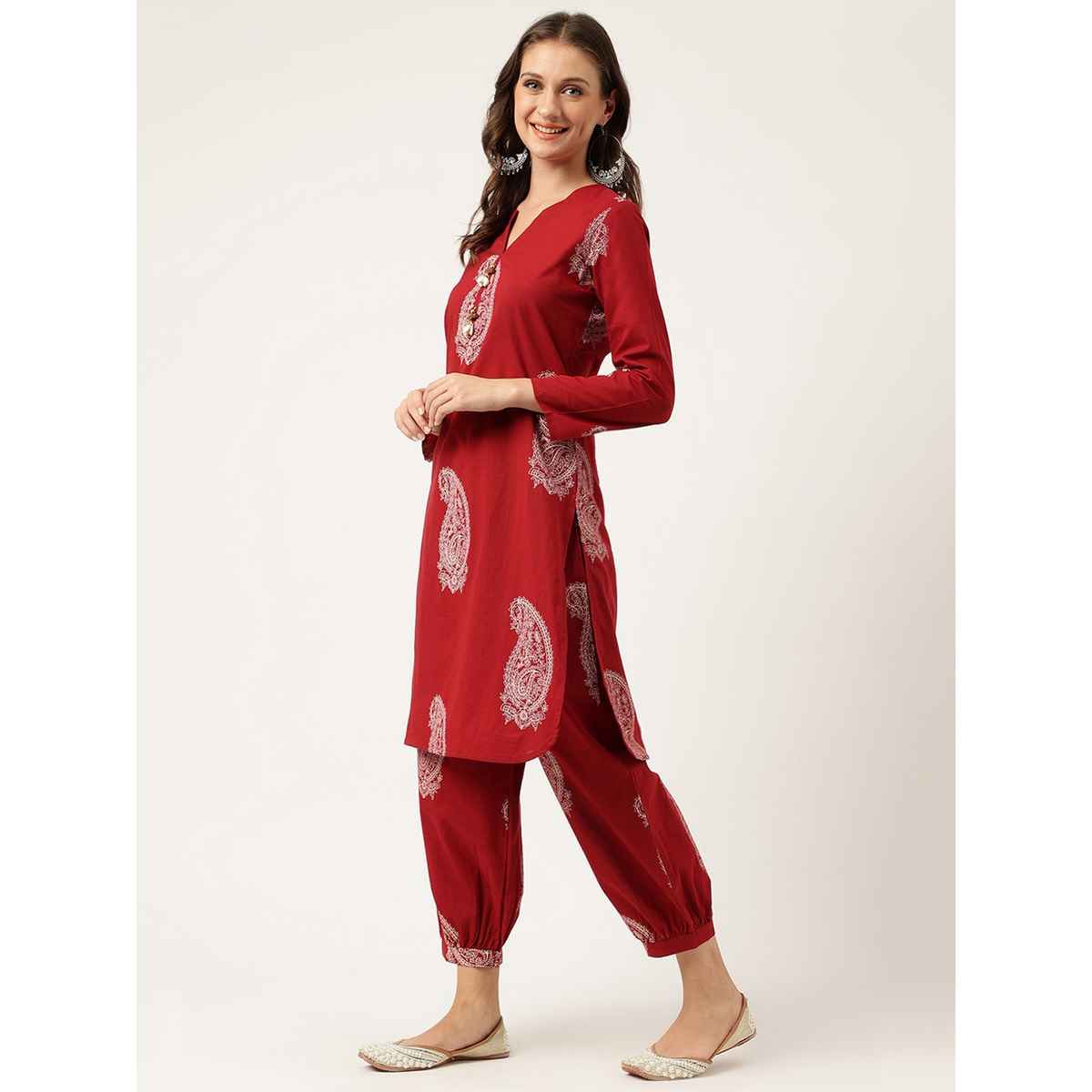 Divena Women s Maroon Paisley Print Cotton Co-ord Set | DK0993 | L