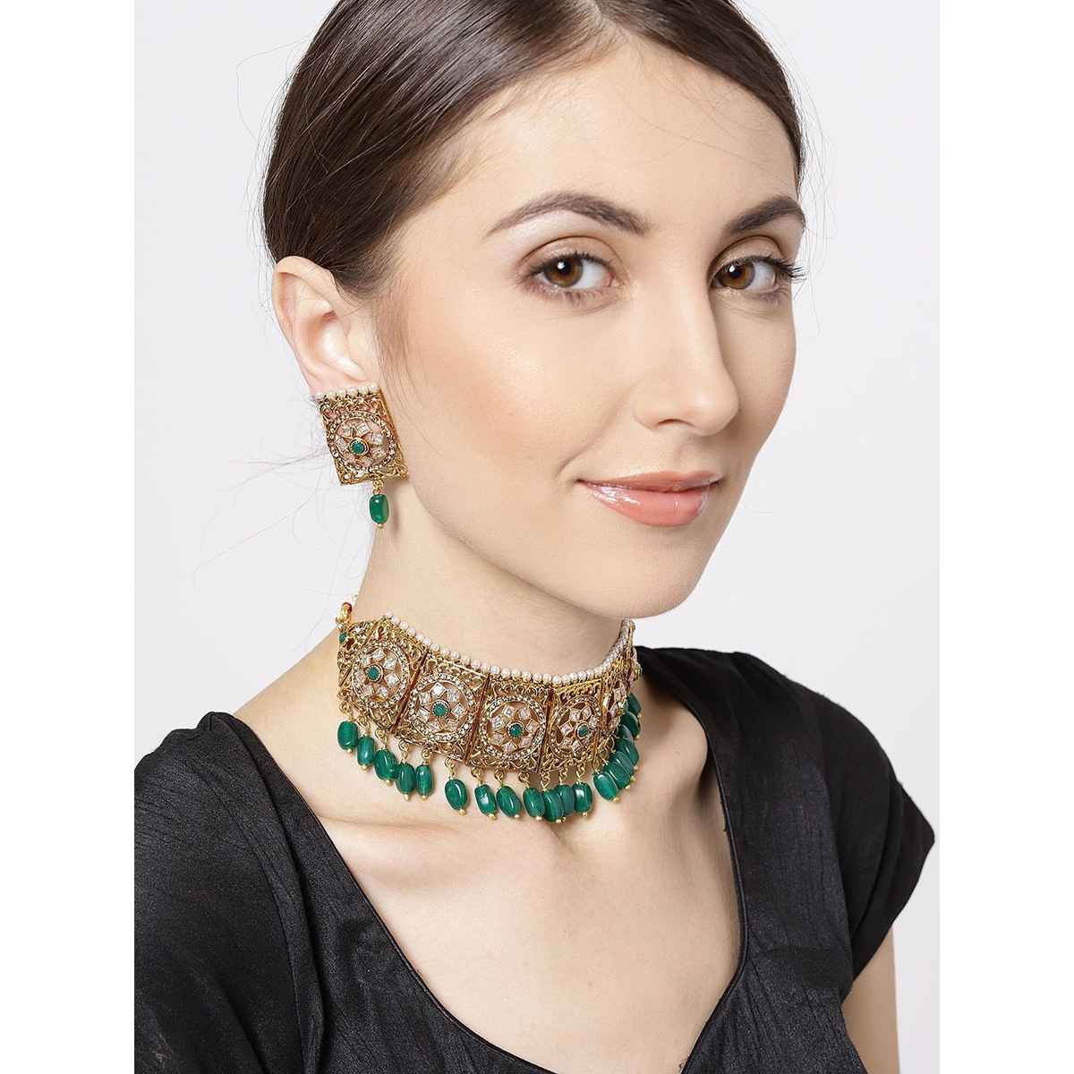 Priyaasi Gold-Plated Choker Set With Stones And Beads In Green Color