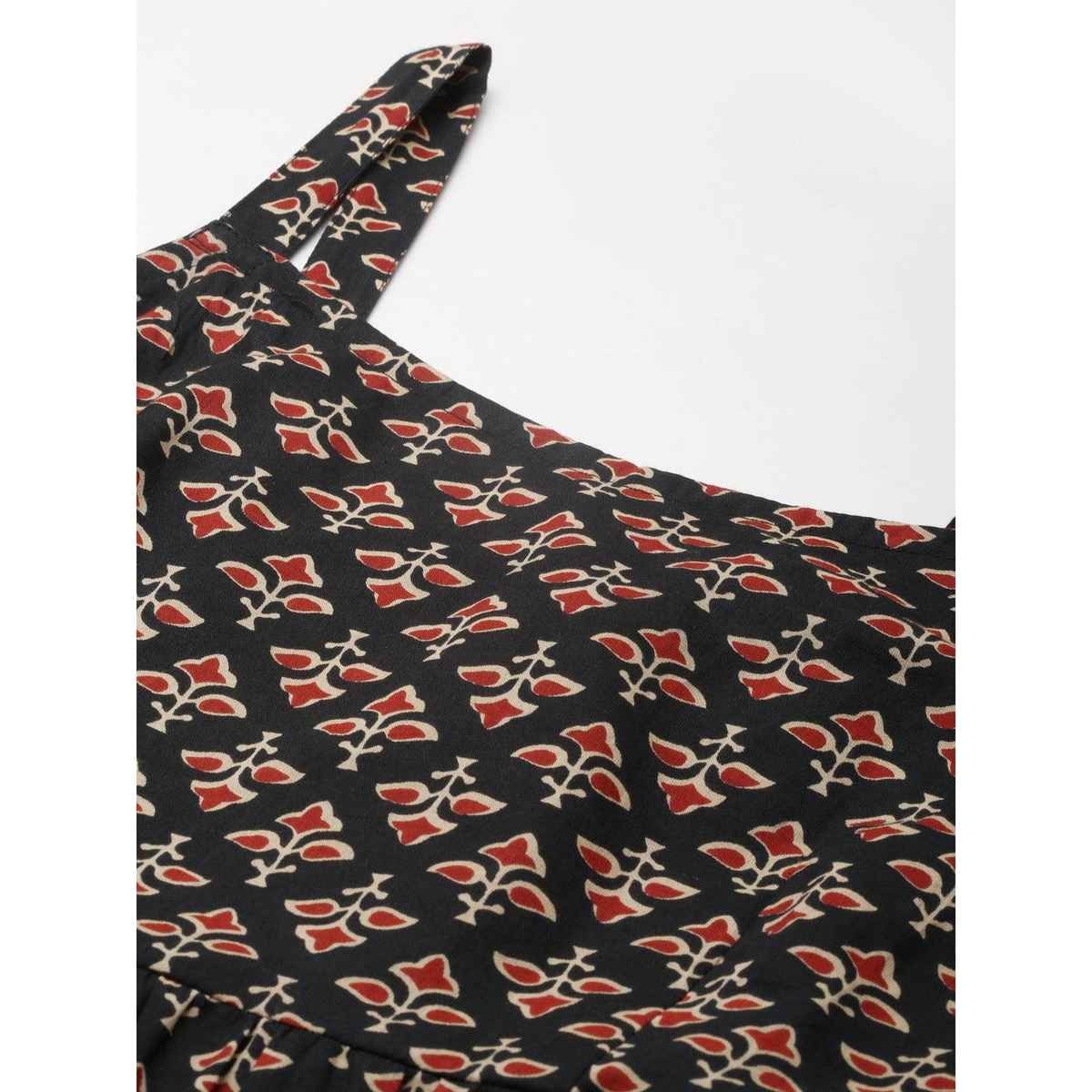 Divena Floral Printed Shoulder Strip Long Women's Dress | DK0719 | Black - L