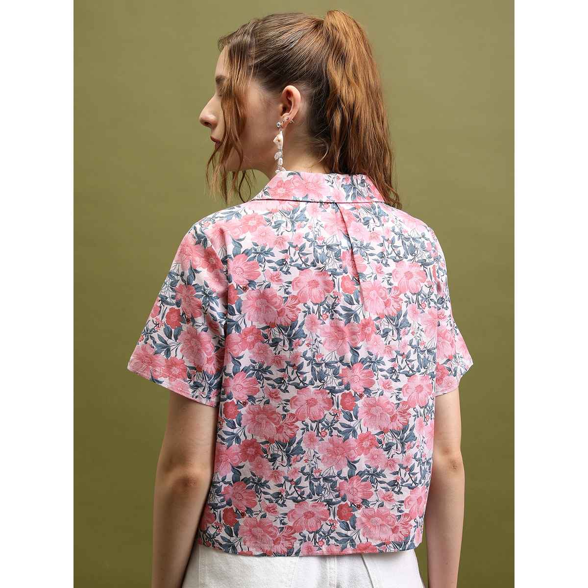 Tokyo Talkies Women's Printed Crop Shirt Top | Pink Beige Multicolour - M