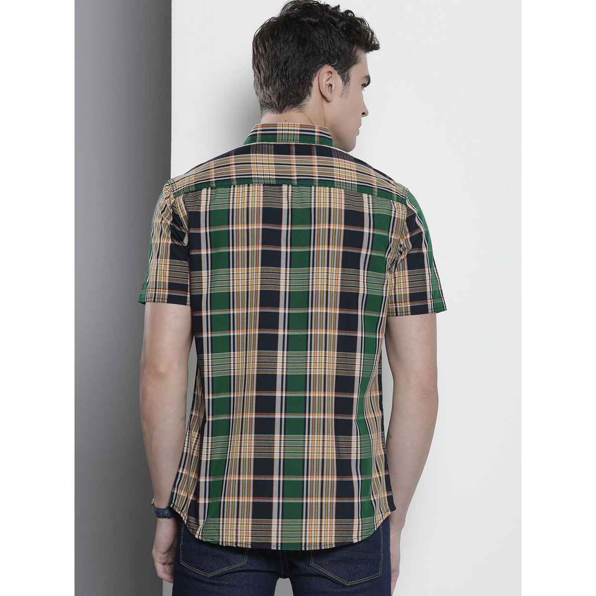 The Indian Garage Co Men's Slim Fit Checkered Casual Half Sleeve Shirt | Navy Blue - L