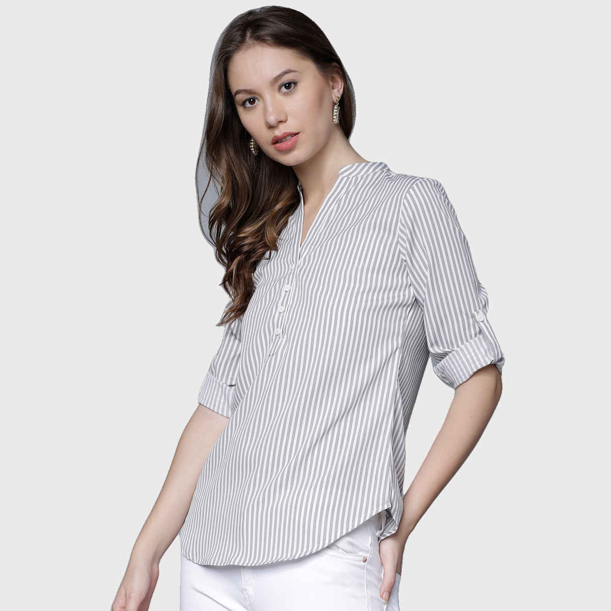 Tokyo Talkies Women's Casual Roll-up Sleeve Striped Top | Multicolor - M