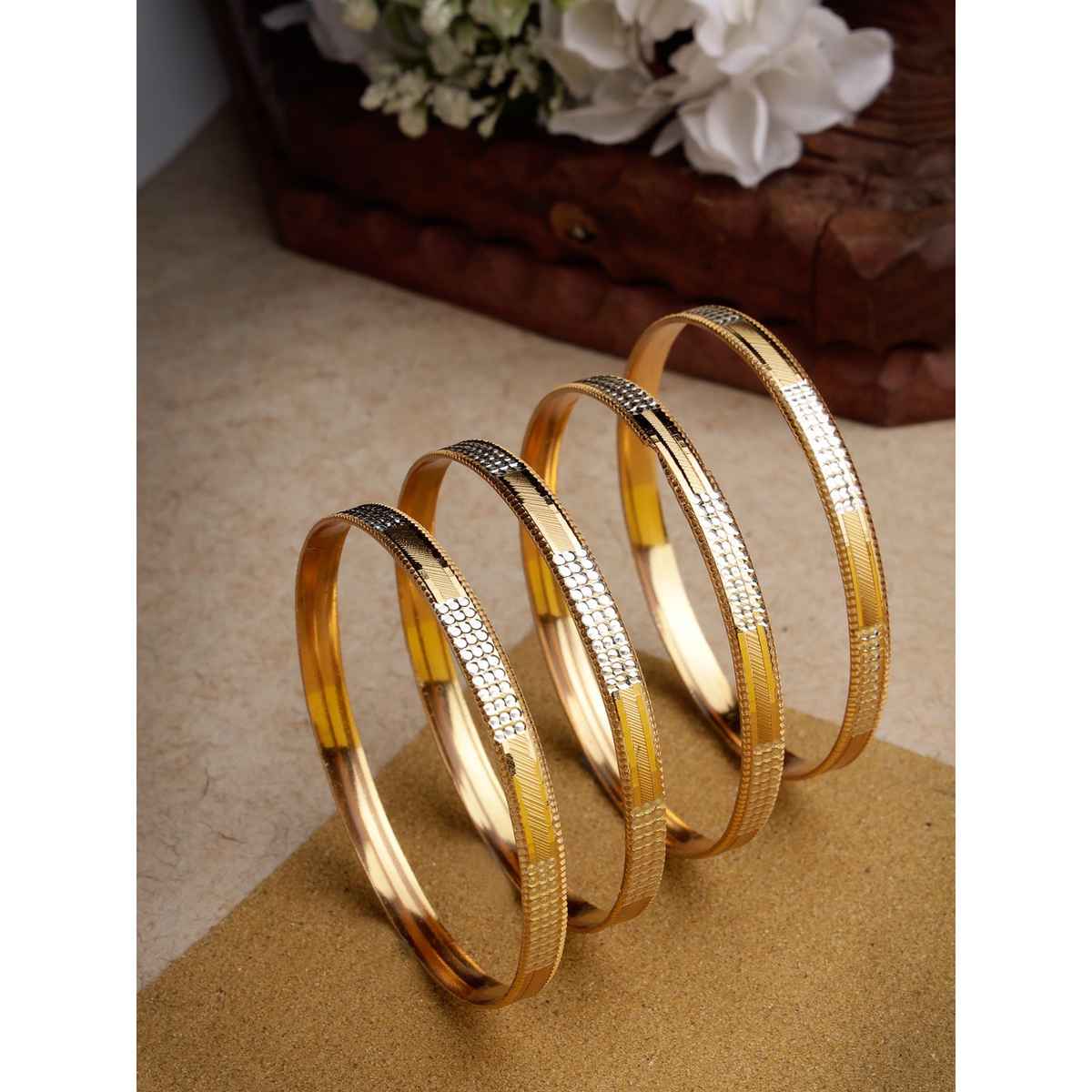 NVR Women's Set of 4 Gold-plated Cz-studded Traditional Bangles | NVR2413-S