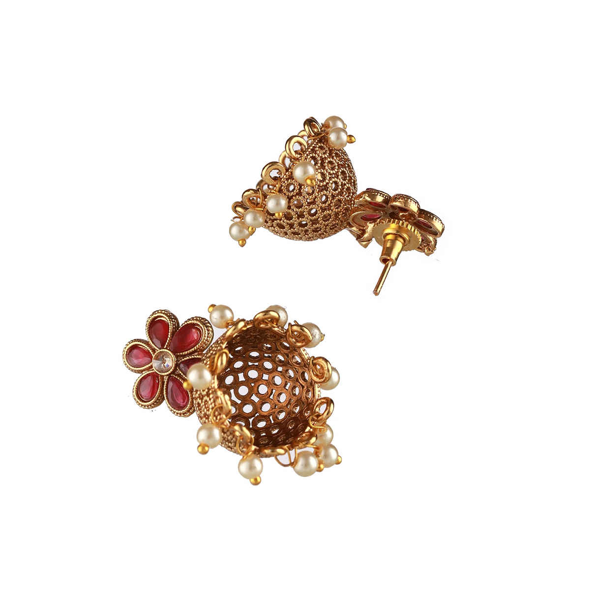 Aatmana Gold Plated & Red Stone Studded| Pearl Beaded Dome Shaped Jhumka Earrings