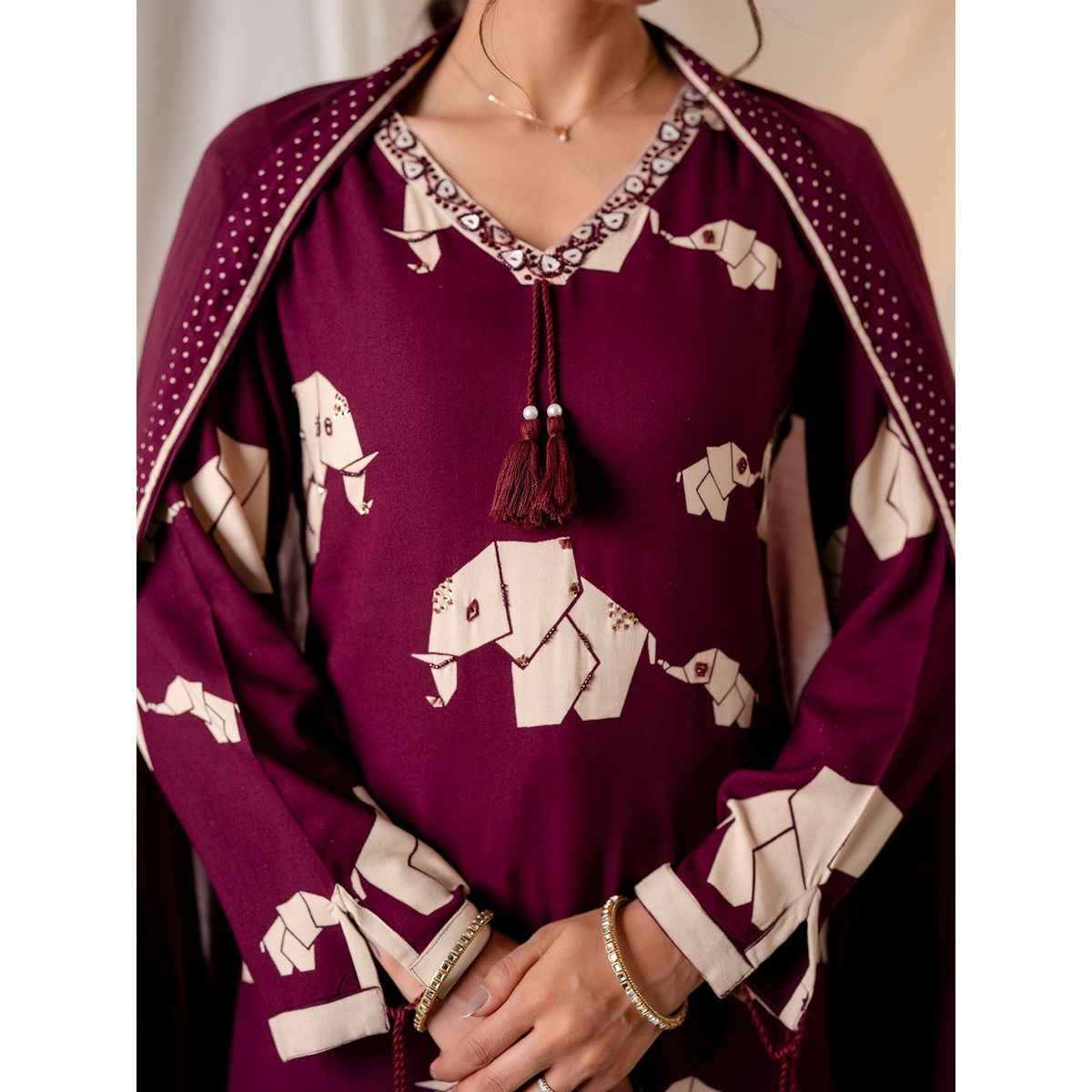 Ishin Women Cotton Kurta Set with Dupatta | INWSDS24232 | Wine - S