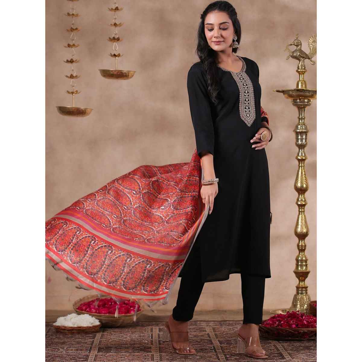 Ishin Women Straight Ethnic Poly Silk Kurta Set with Dupatta | INWSDAW231073 | Black - L