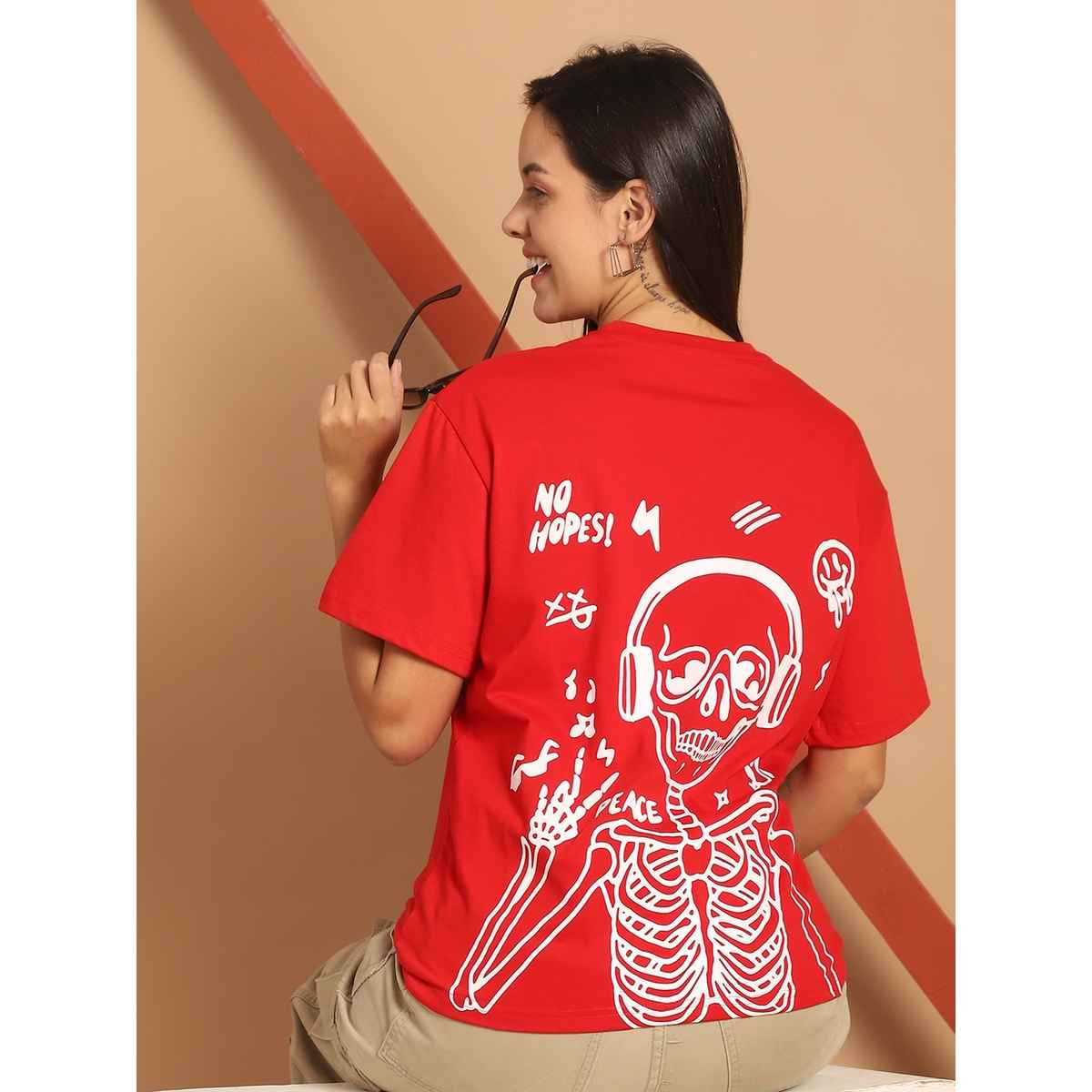Fabflee Women Oversize Cotton Printed Round Neck Tshirt | Red | FAB-OS-505 | M