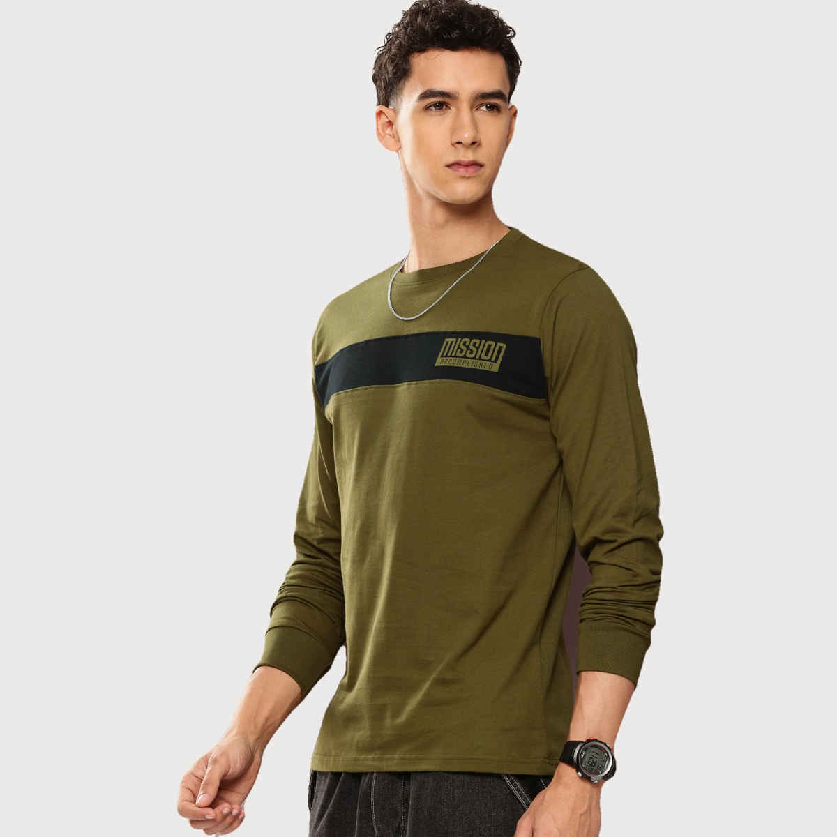 Dillinger Men's Pure Cotton Colourblocked Typography Printed Long Sleeve T-shirt | Olive - S