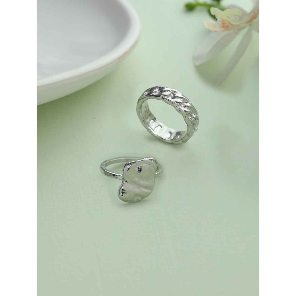 Prita By Priyassi Black Artificial Stone Silver Plated Ring | Set Of 2