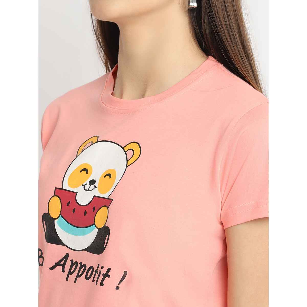 Fabflee Women Regular Cotton Printed Round Neck Tshirt | Peach | FAB-WT-36 | M
