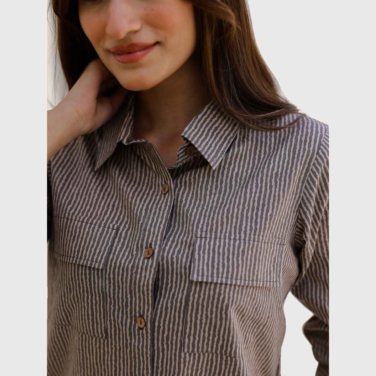 Sanskrutihomes Women Striped Shirt Collar Pure Cotton Beige Night Suit SE-NSP-615 | L