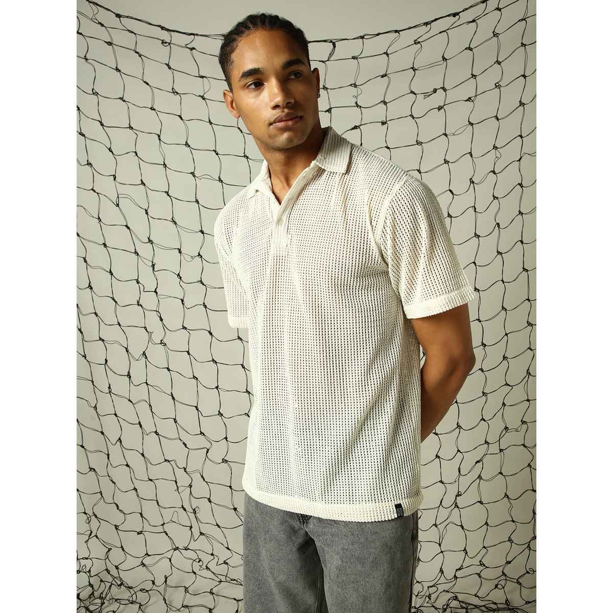 Hubberholme Men's Opaque Solid Cuban Collar Textured Fabric Oversized Casual Shirt | White - 40