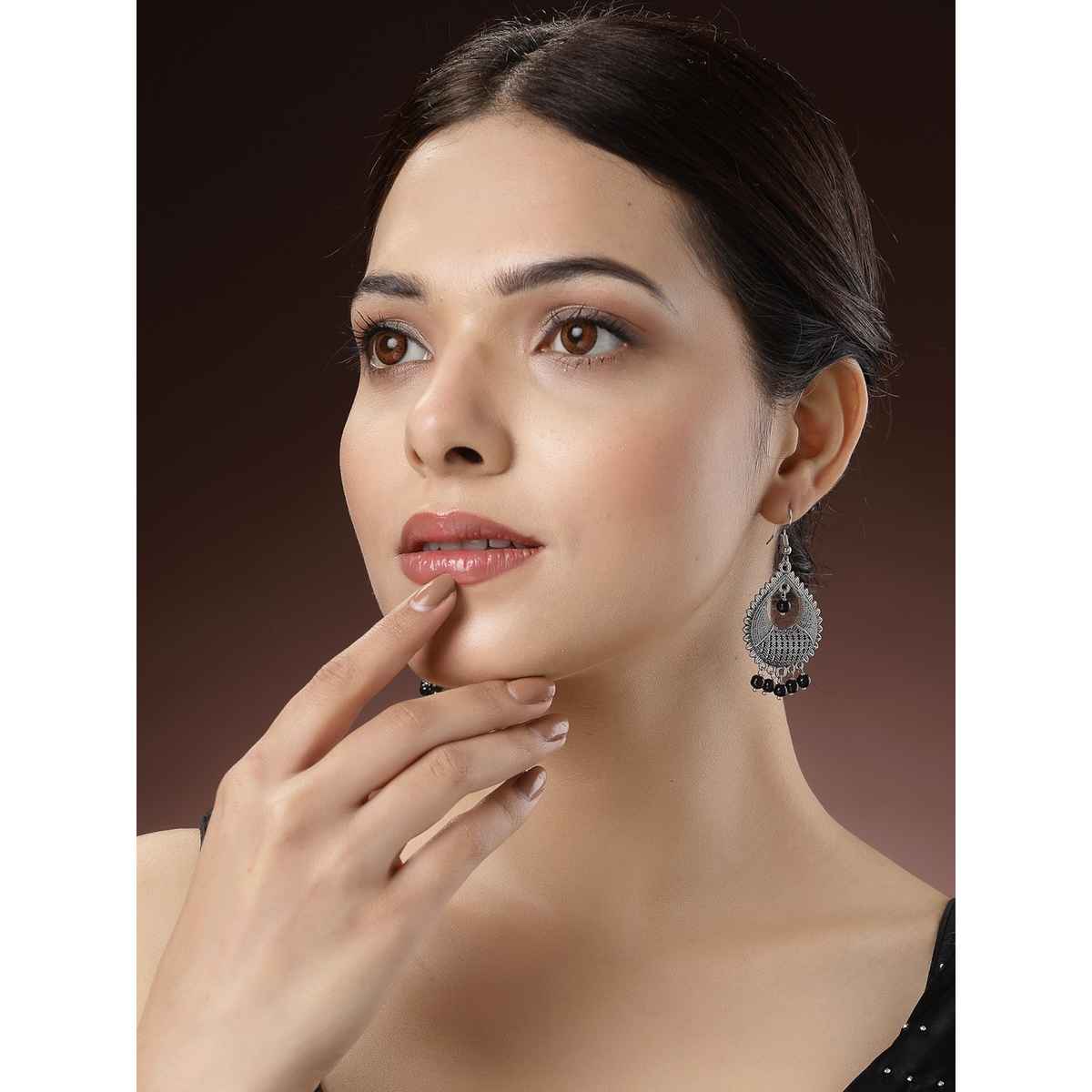 NVR Women's Silver-plated Artificial Beads German Silver Oxidised Chandbali Earrings | NVR2504