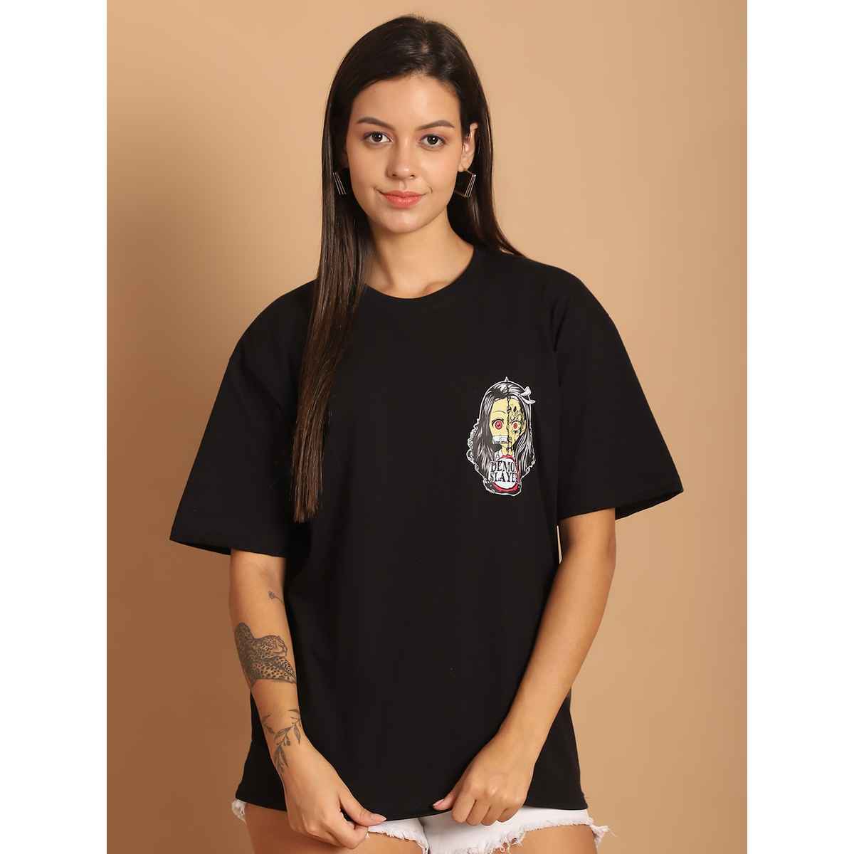 Fabflee Women Oversize Cotton Printed Round Neck Tshirt | Black | FAB-OS-512 | S
