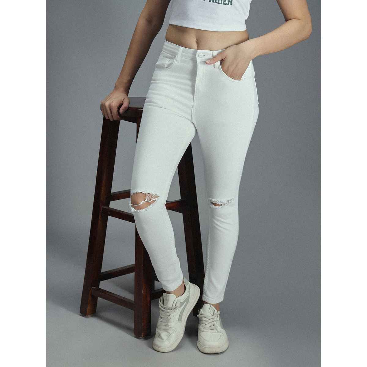 High Star Women's Skinny Fit High-Rise Slash Knee Stretchable Jeans | White - 28