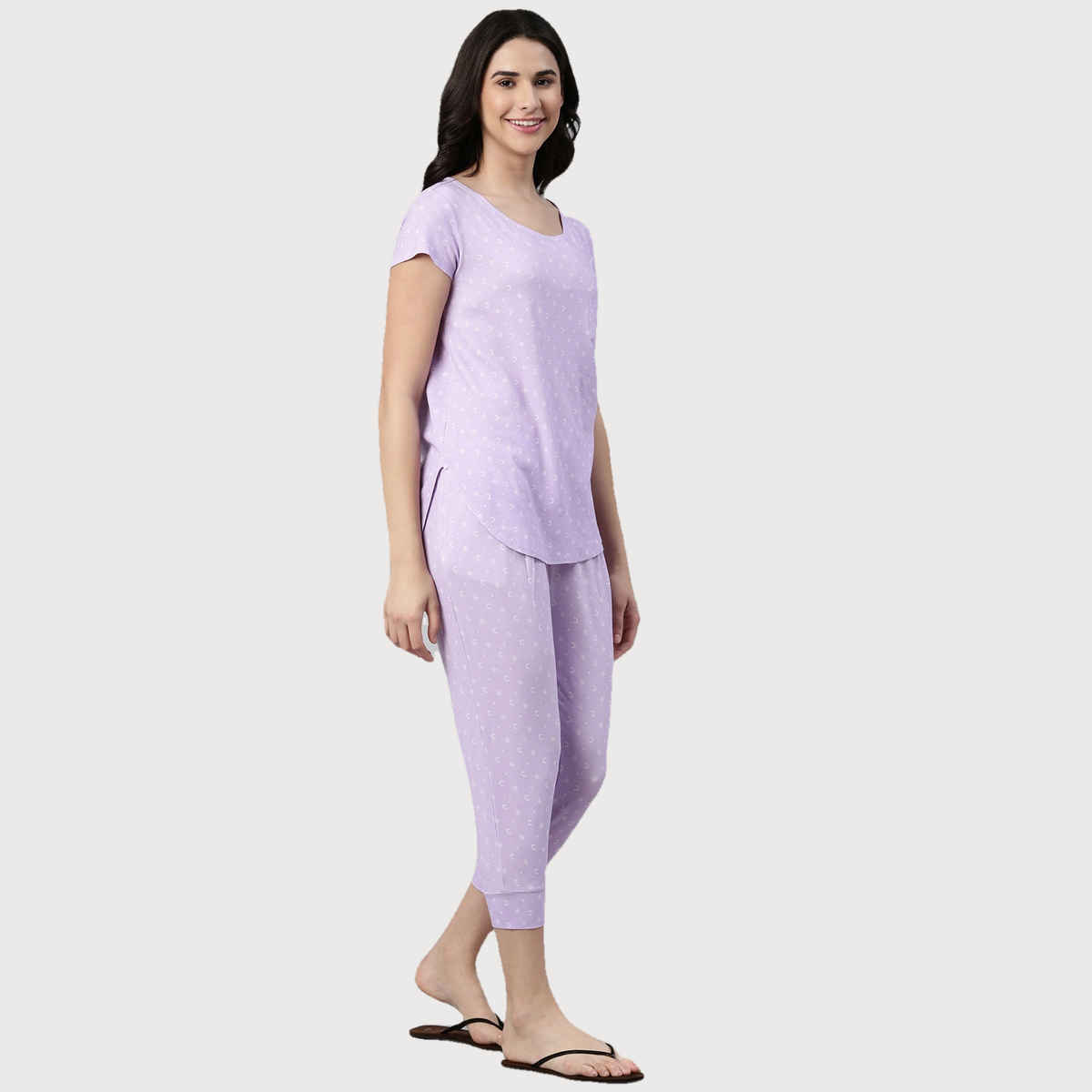 Enamor Essentials EC16 Women s Aop-Soft & Drapey All Over Printed Lounge Capri Set | Lavendar | S