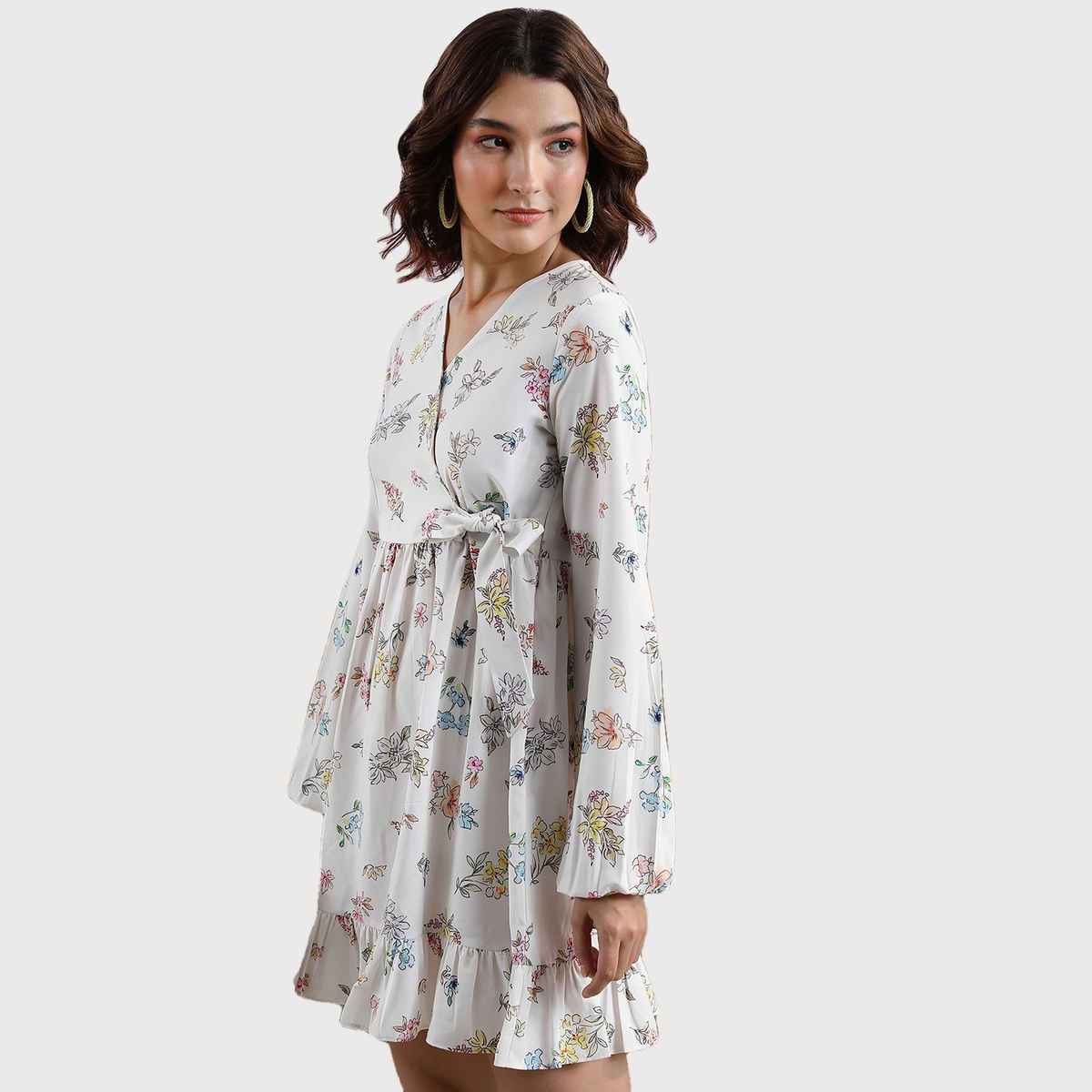 Ketch Women's Floral Printed Cuffed Sleeve Ruffled Wrap Dress | Off White | L
