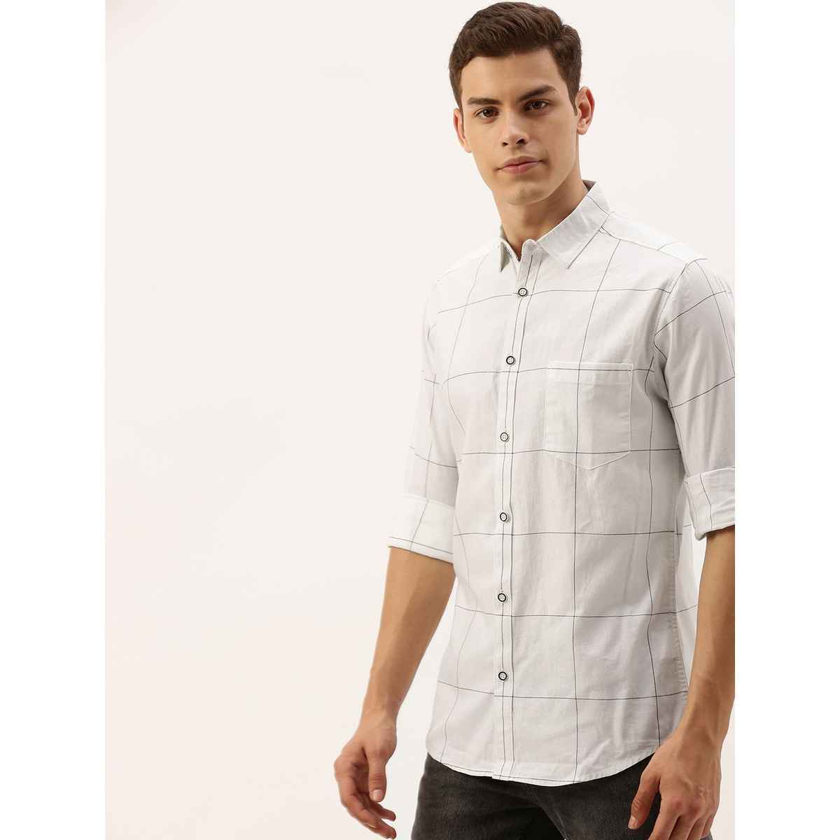 The Indian Garage Co Men's Slim Fit Checkered Casual Shirt | White - M