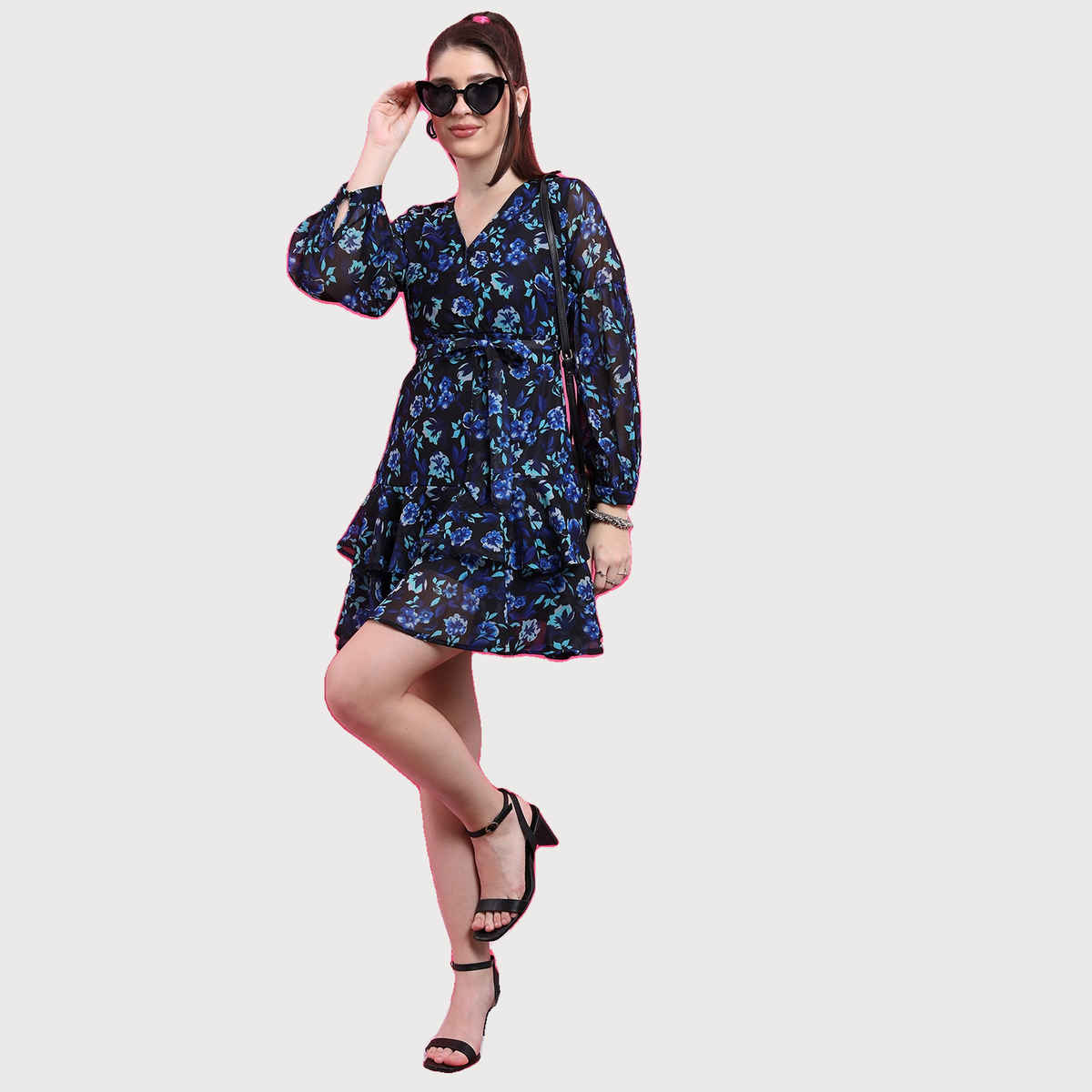 Ketch Women Blue & Black Floral Printed V-Neck Puff Sleeves Layered Fit & Flare Dress | Blue | M