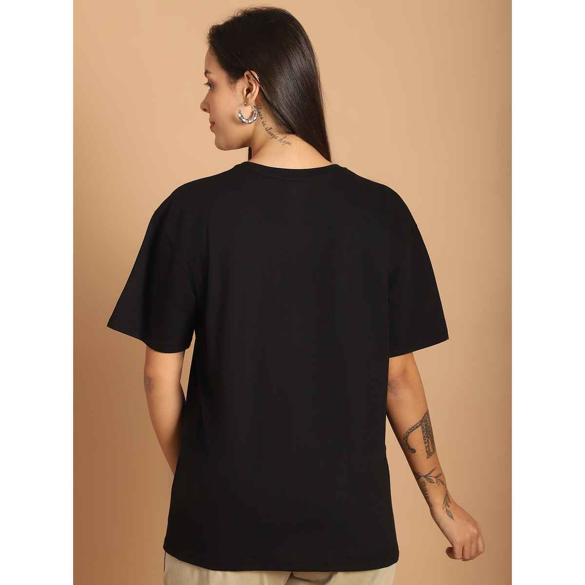 Fabflee Women Oversize Cotton Printed Round Neck Tshirt | Black | FAB-OS-501 | M