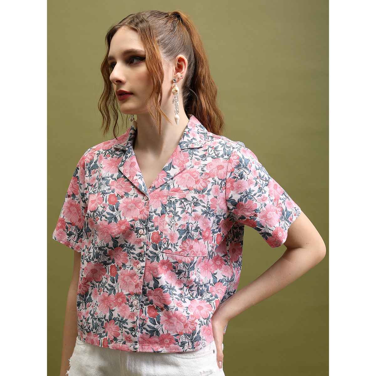 Tokyo Talkies Women's Printed Crop Shirt Top | Pink Beige Multicolour - M