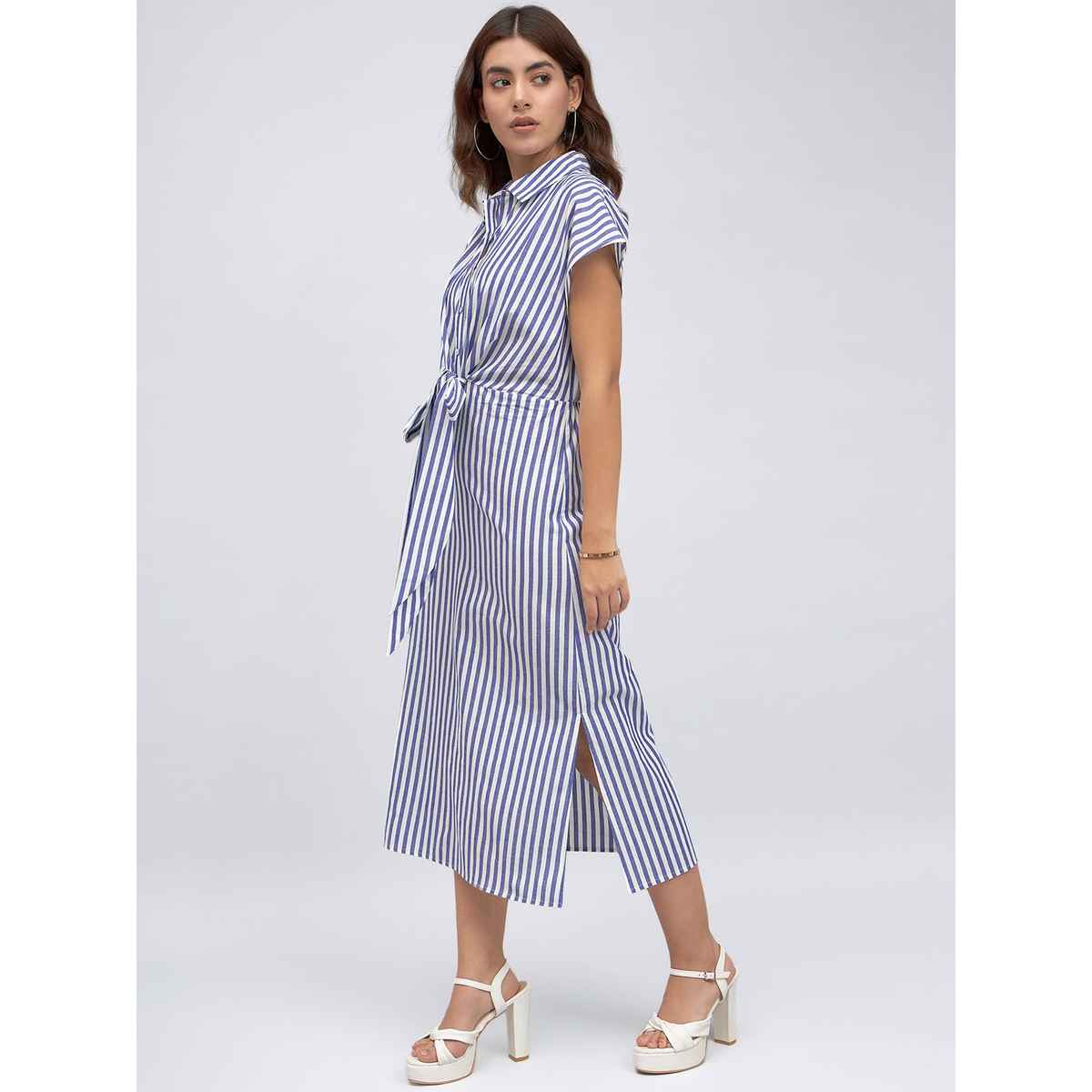 DL Women's Striped Tie-Up Cotton Shirt Style Midi Dress | DLWDRW23008 | Blue - M