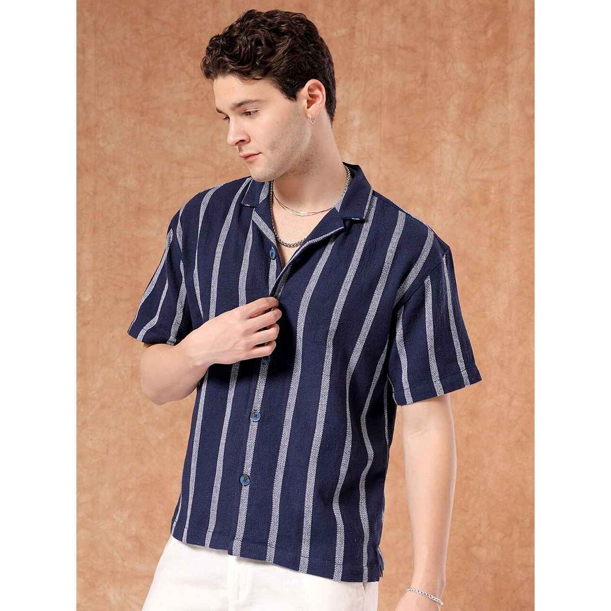 The Indian Garage Co Men's Relaxed Fit Striped Resort Half Sleeve Shirt | Indigo - L