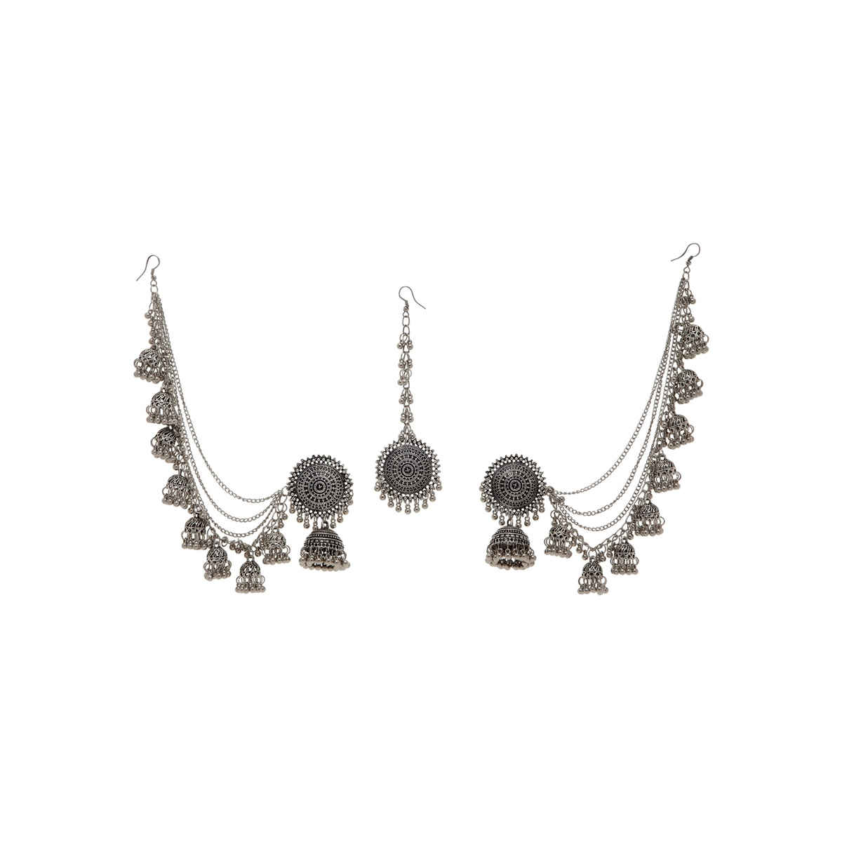 Shining Diva Fashion Oxidised Maang Tikka Bahubali Jhumka Earrings for Women and Girls | 12395er