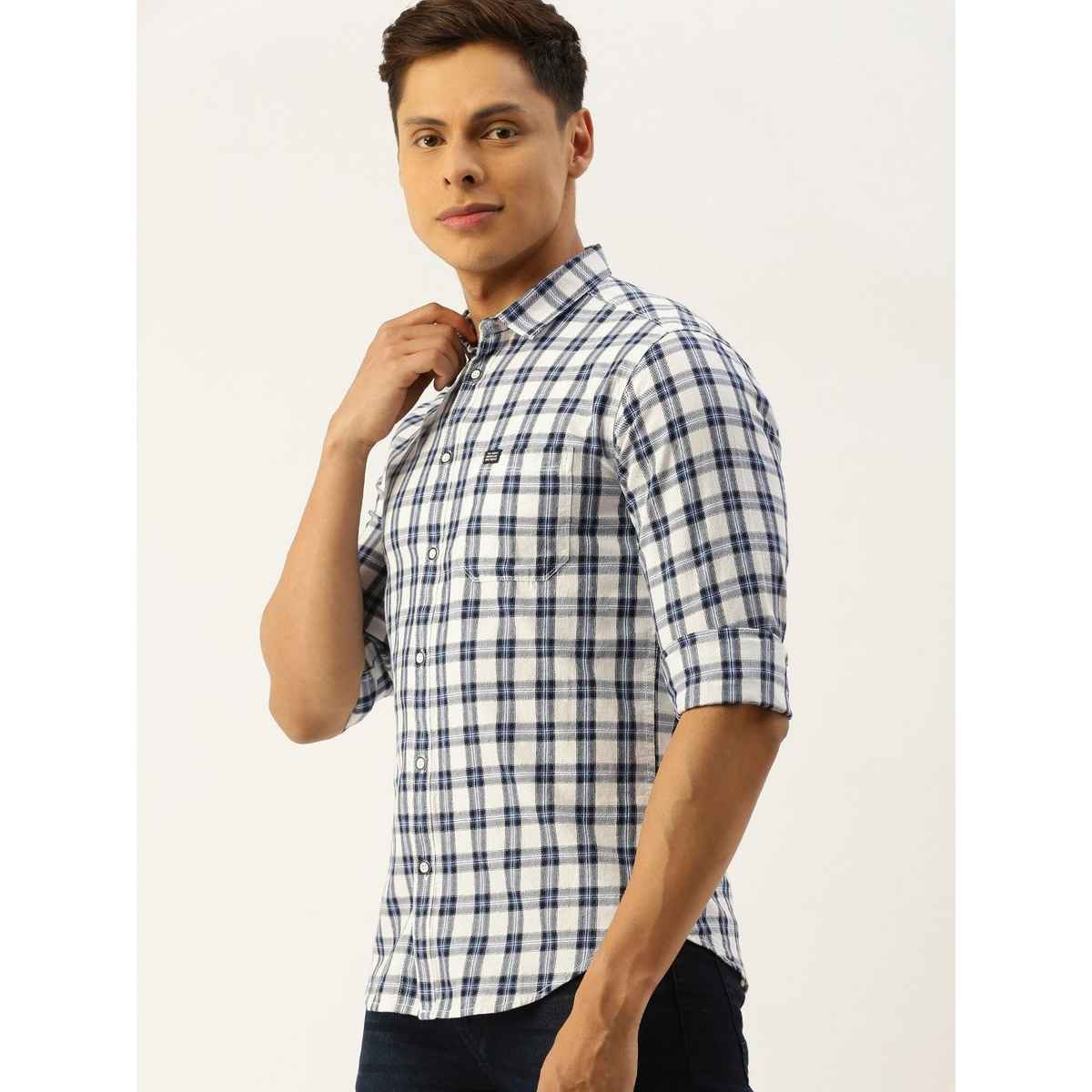 The Indian Garage Co Men's Slim Fit Checkered Casual Shirt | White - L
