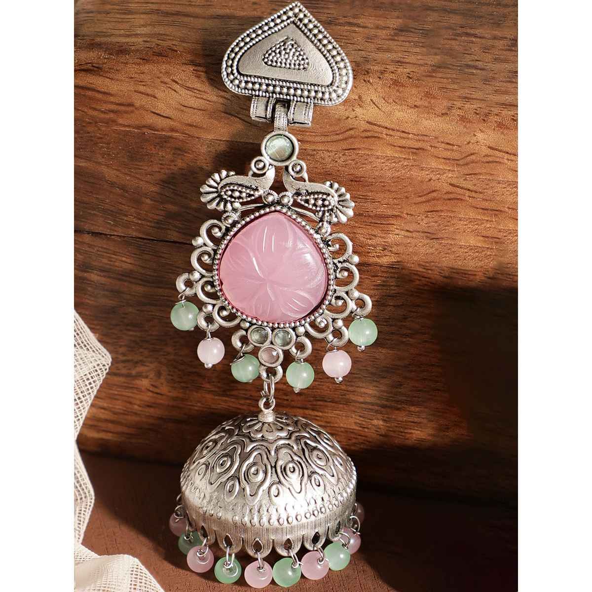 Rubans Silver-Plated Oxidised Jhumka Earrings with Pastel Pink Gemstone and Mint Green Beads