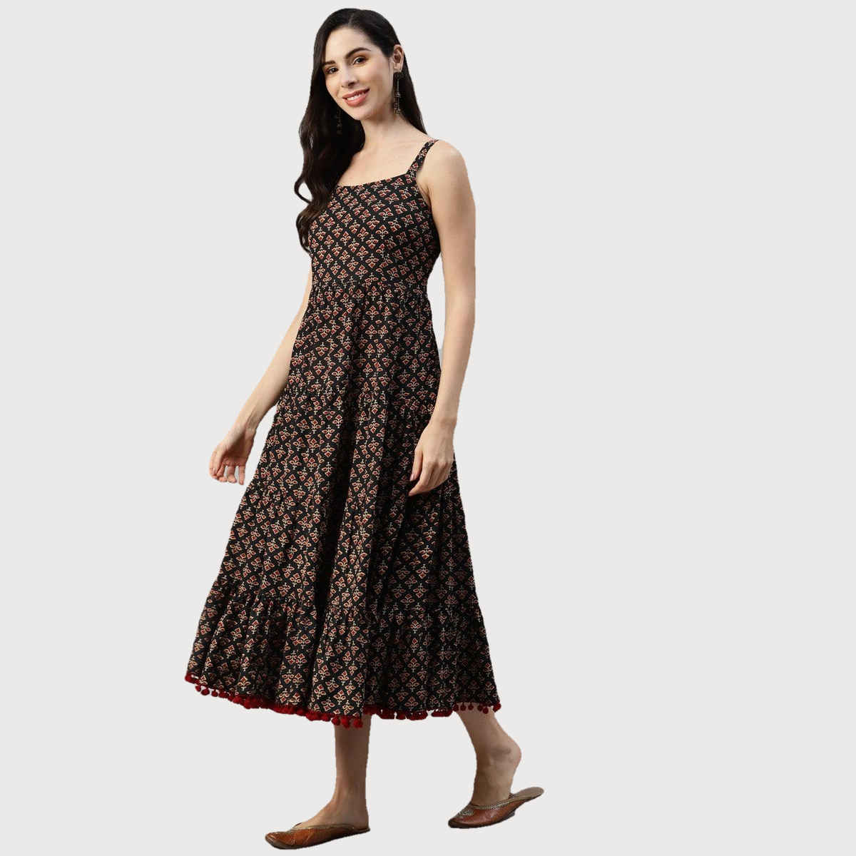 Divena Floral Printed Shoulder Strip Long Women's Dress | DK0719 | Black - L