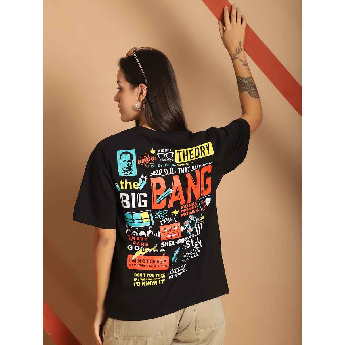 Fabflee Women Oversize Cotton Printed Round Neck Tshirt | Black | FAB-OS-504 | S