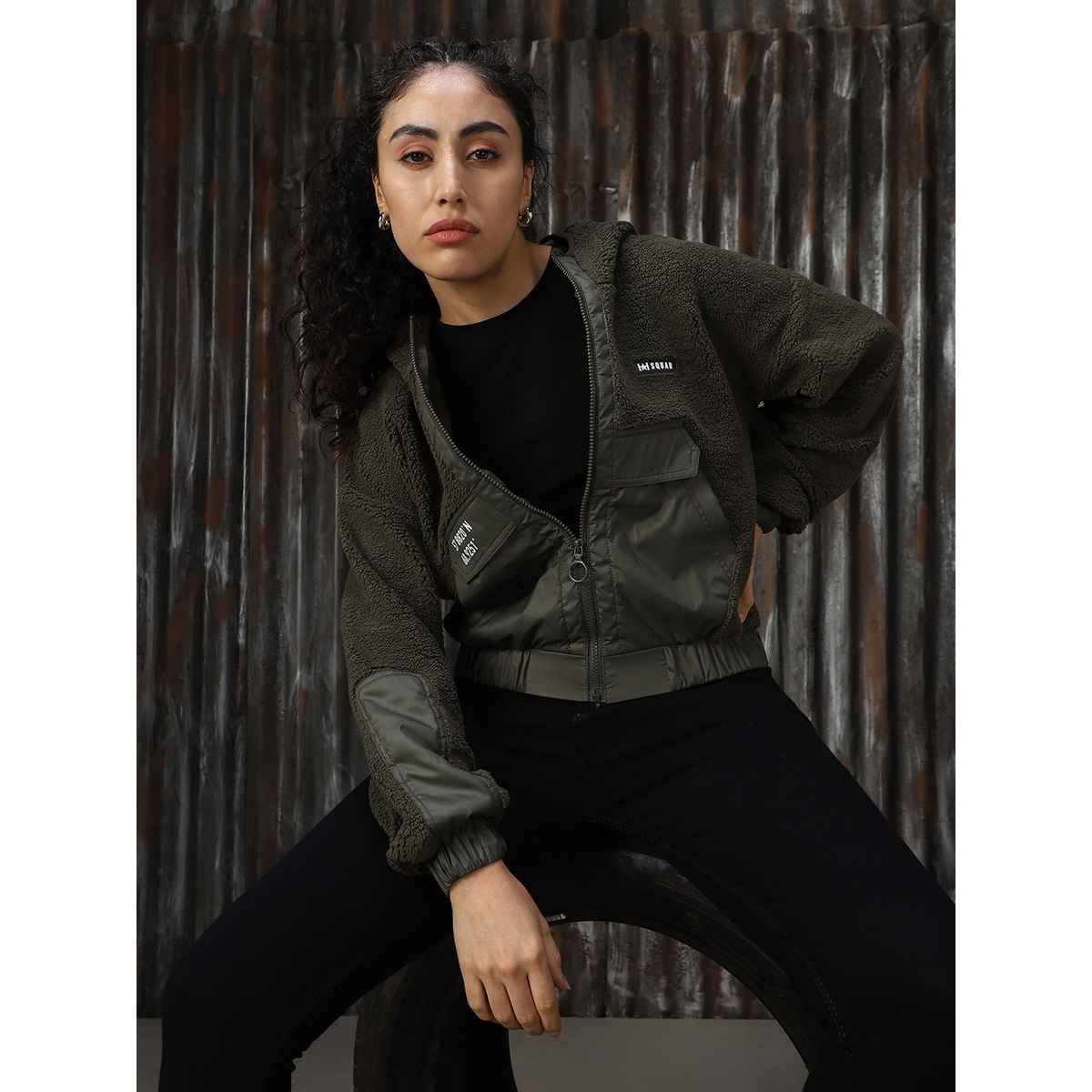 High Star Women's Self Design Hooded Front-Open Crop Sweatshirt | Olive - M