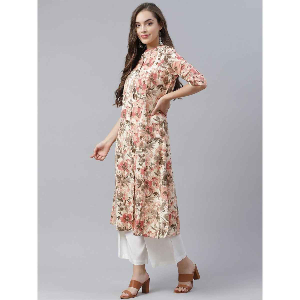 Divena Women s Cream Cotton Floral Print A-Line Kurta | DBK0336 | M