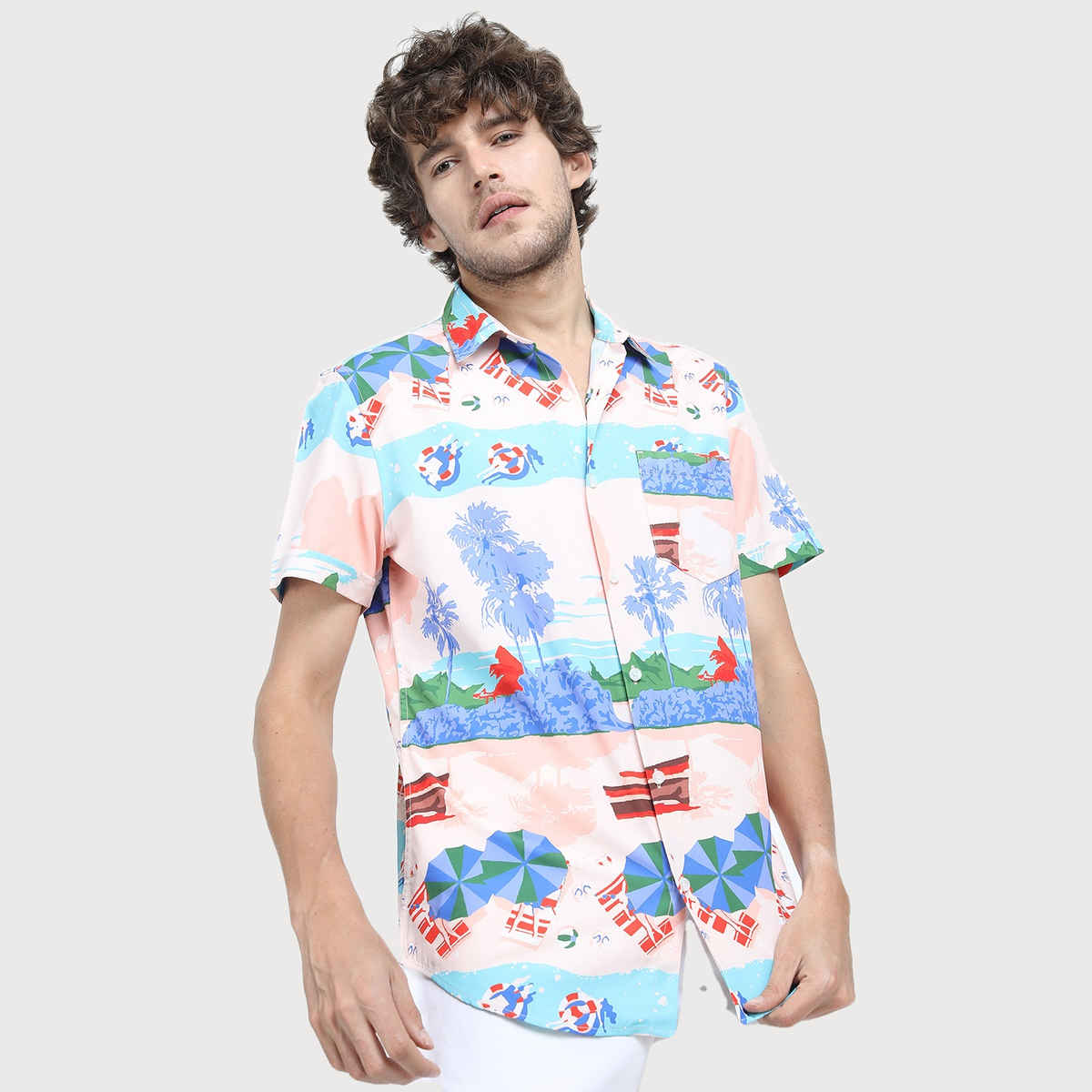 Highlander Men's Slim Fit Floral Printed Casual Shirt - Pink Multi | S