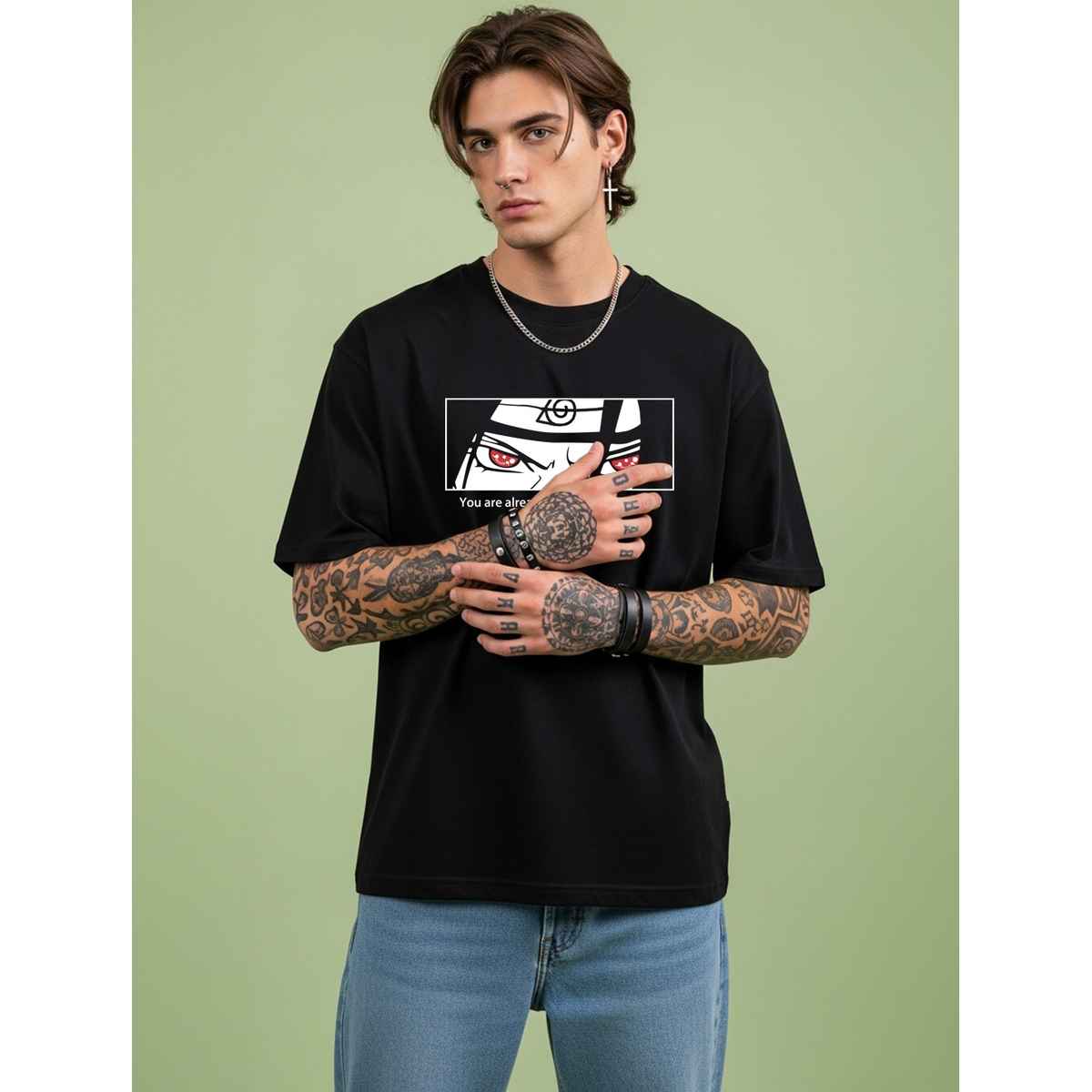 BENNY BROOKS Men's Round Neck half sleeve Oversized T-shirt |AA(ARN)BLACK129 | Black - M