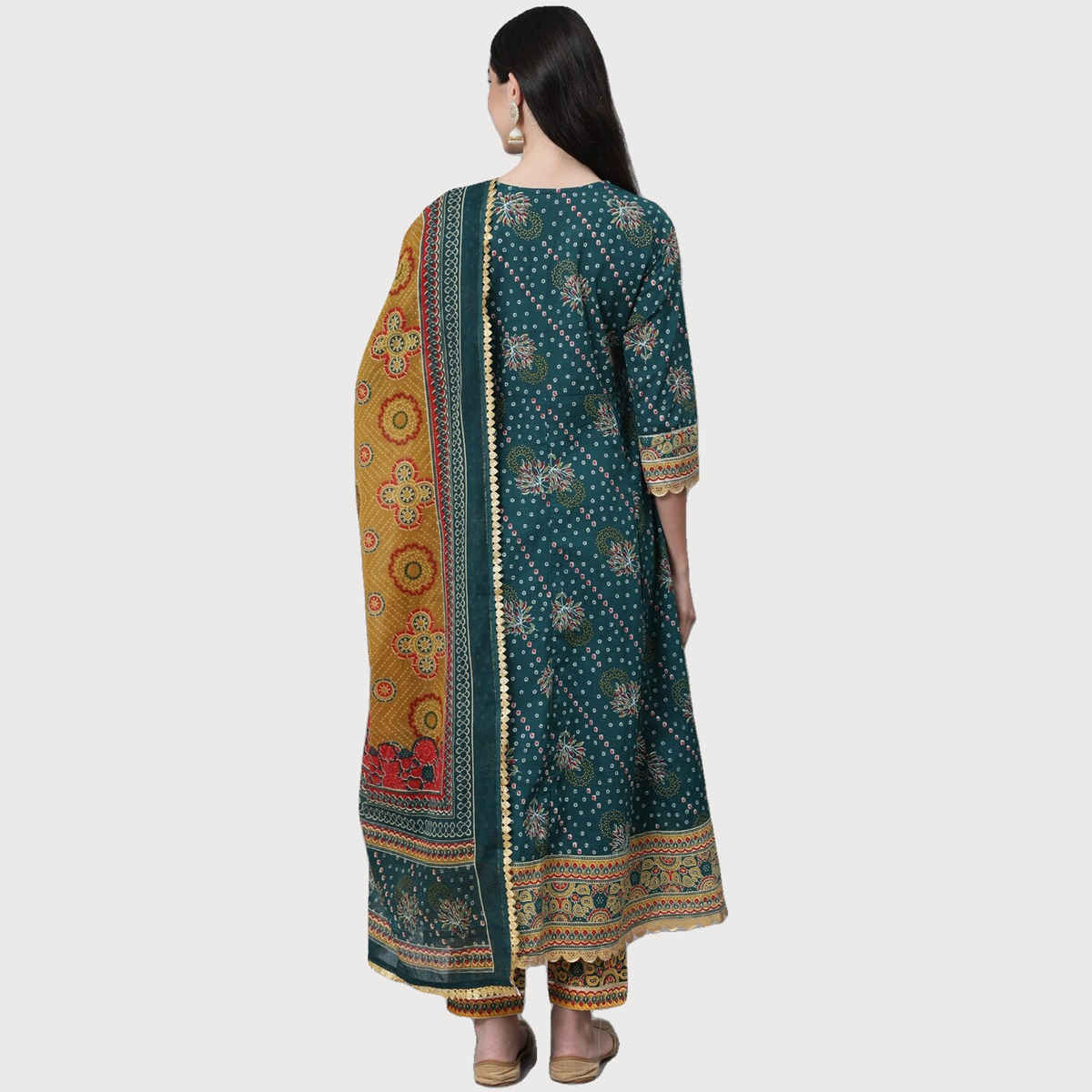 Anubhutee Women's Ethnic Motifs Printed Cotton Kurta with Trousers & Dupatta | Teal - L