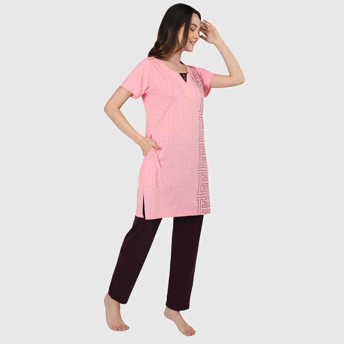 Duchess Women s Cotton Regular Fit Printed & Embroided Long Length Night Suit Set - Carrot | 2XL