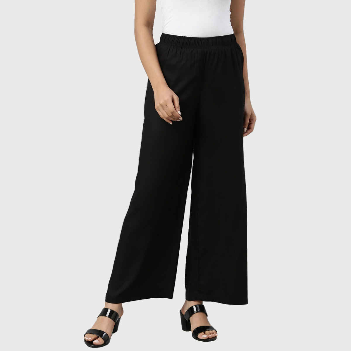 Go Colors Women's Solid Woven Viscose Mid Rise Basic Palazzos | LPZ7 | Black - L