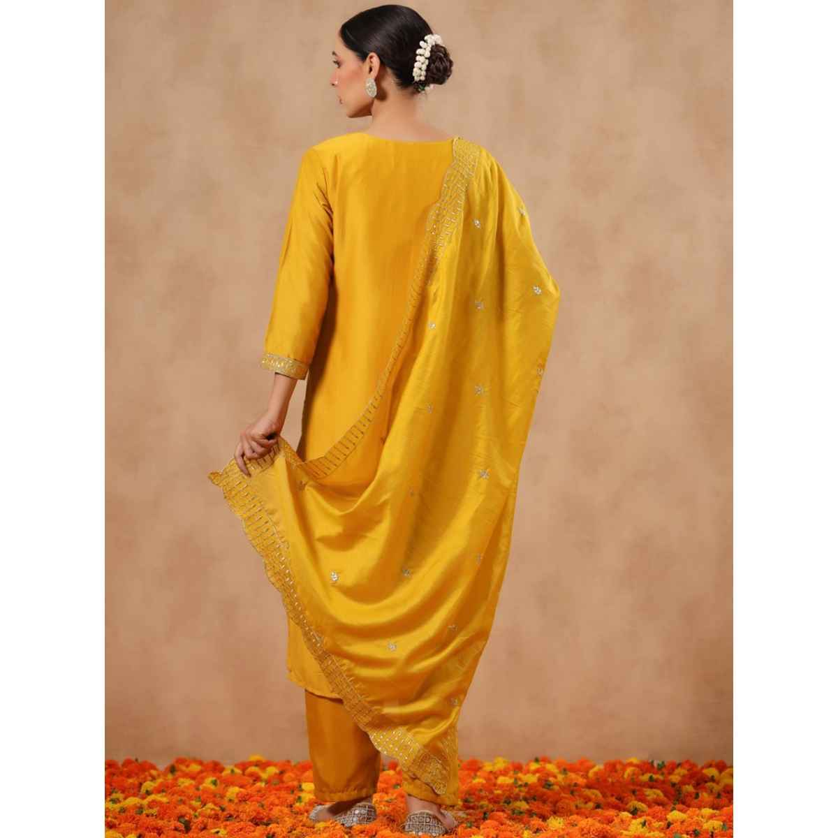 Ishin Women Straight Ethnic Poly Silk Kurta Set with Dupatta | INWSDAW231202 | Mustard - M