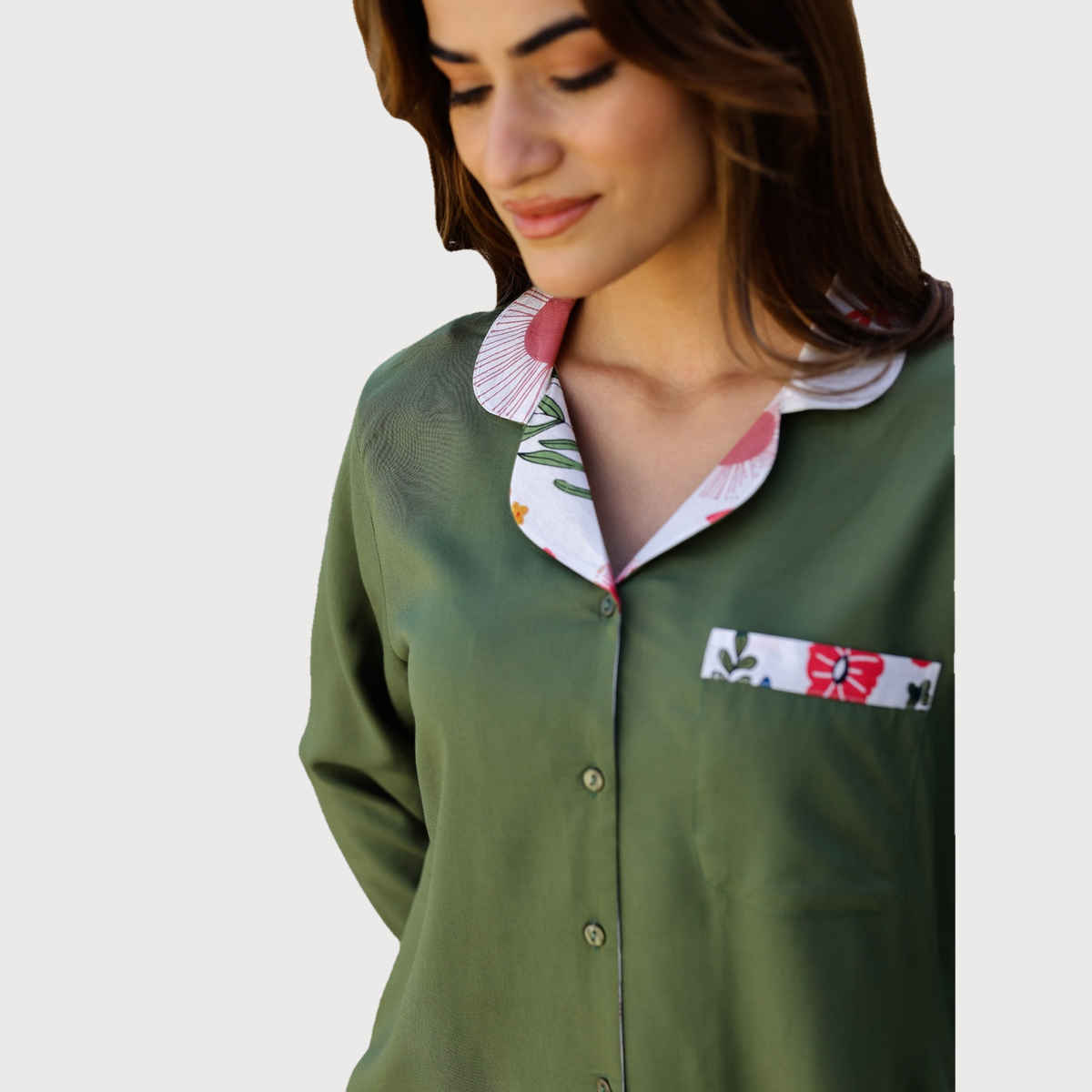 Sanskrutihomes Lapel Collar Night Suit | Green | S