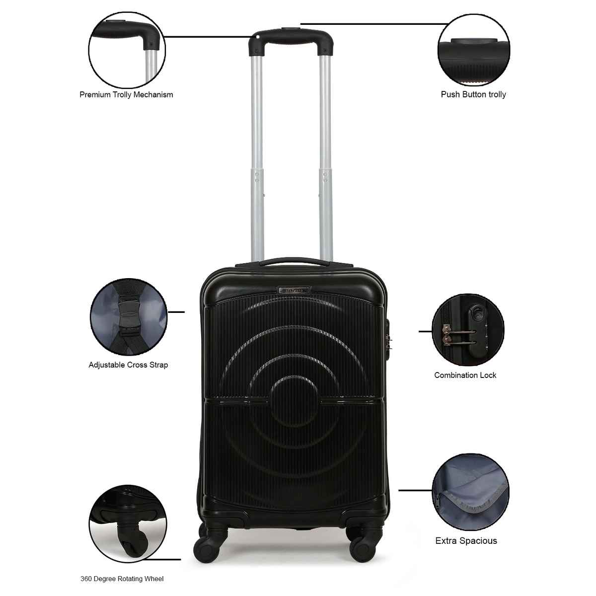 Teakwood Textured PP 48 L Telescopic Hard Luggage | Black - 55 cm